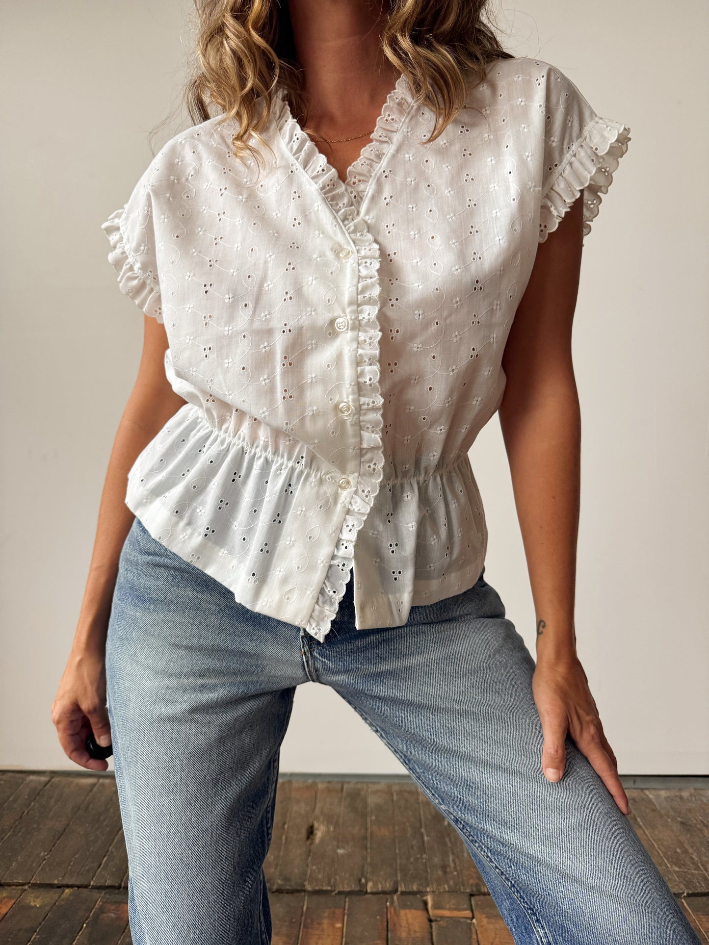 Eyelet White 70s Peplum Blouse (M)