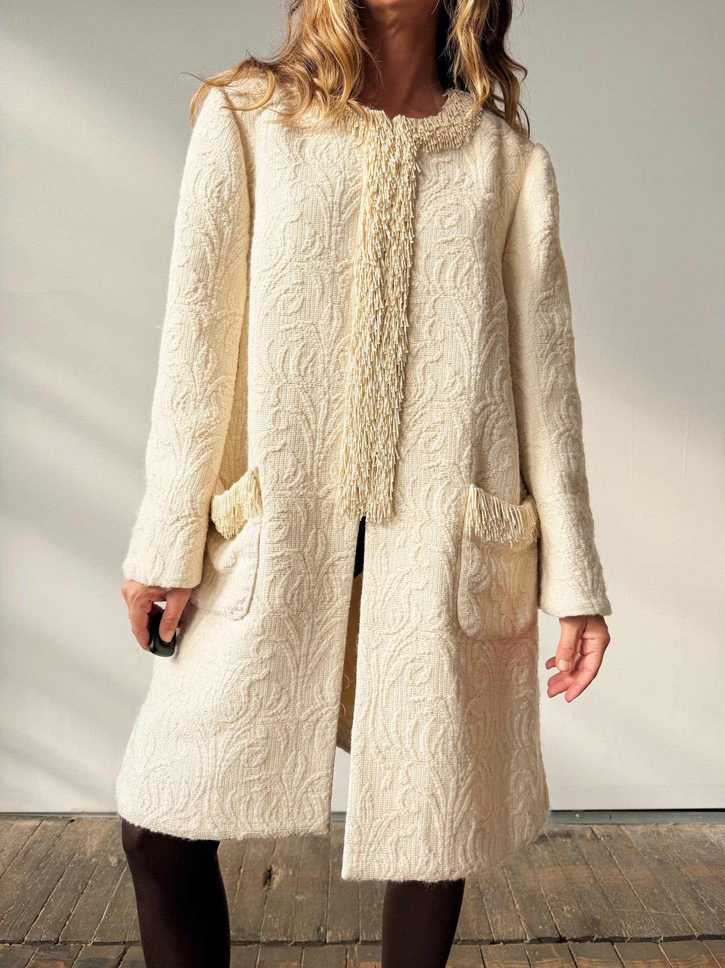 Ivory Bead and Texture Duster Coat, Contemproary (L)