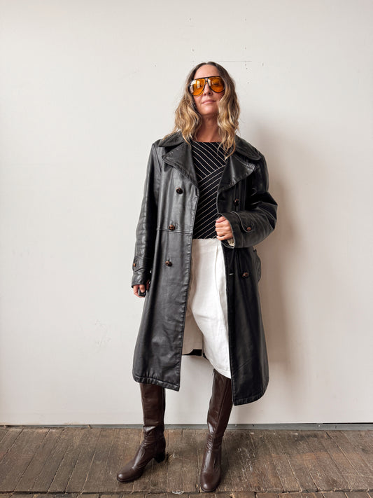 60s Oversized Leather Trench Coat with Flannel Lining (XL)