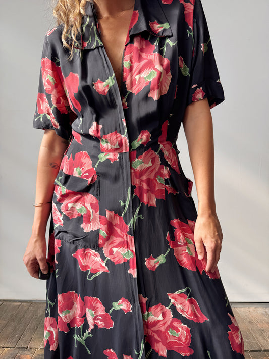 Saybury Vintage 1940's Poppy Flower Print Rayon Dress (S)