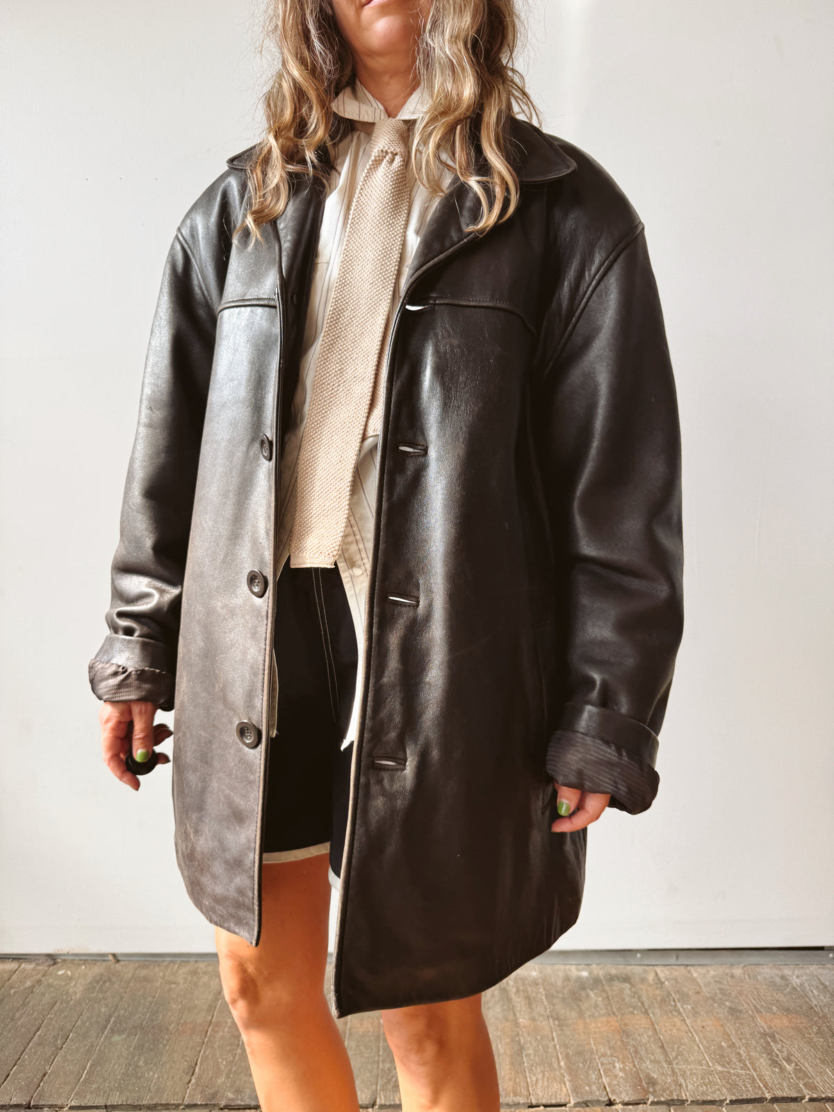 Chocolate Leather Oversize Mens Jacket Button-Front Jacket (L)
