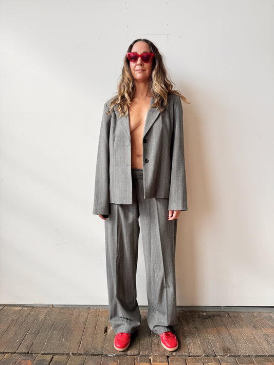 Grey Striped 90s Trouser Pant Suit (L)
