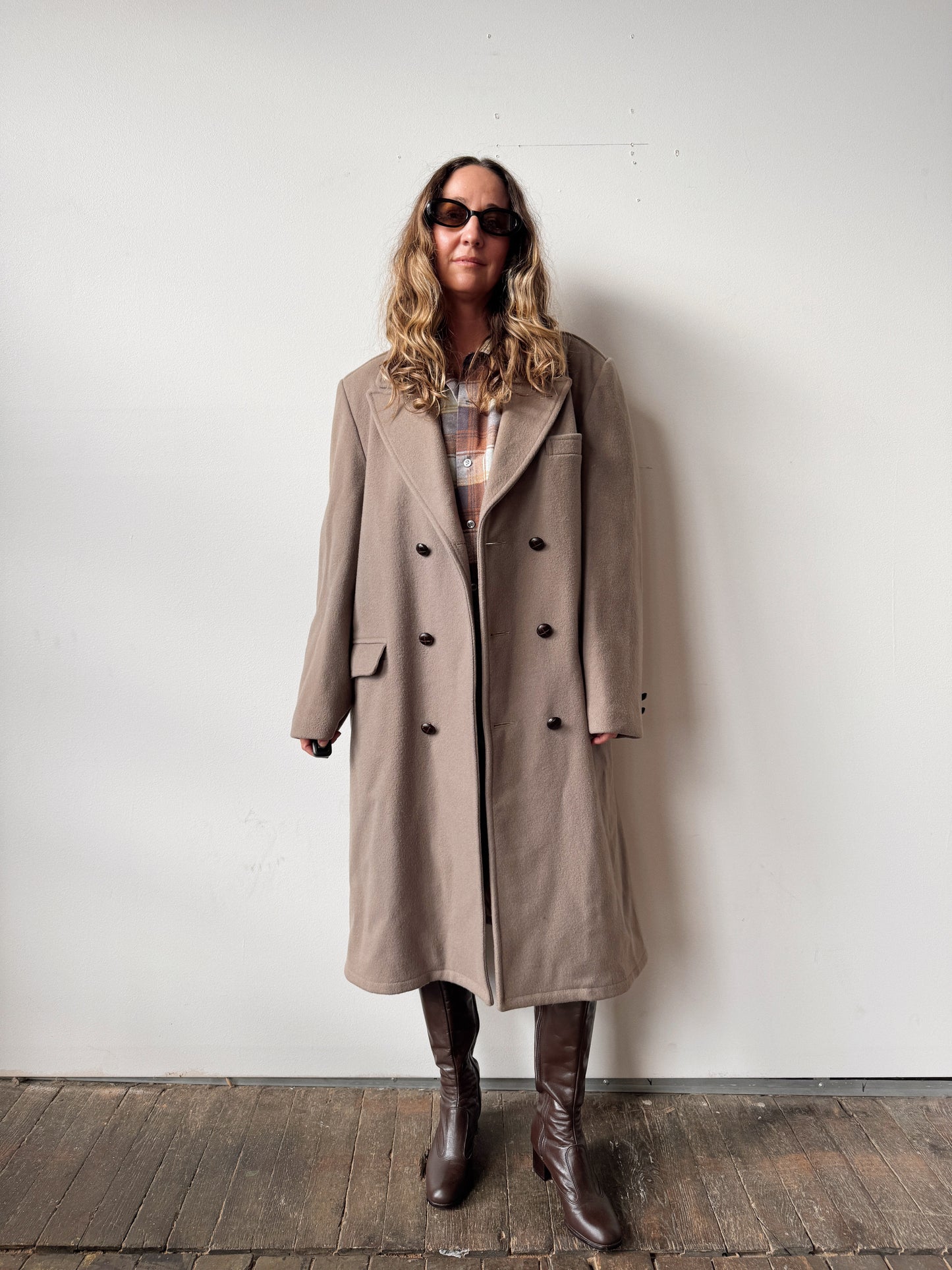 Wool Greige Double-Breasted Coat (L)