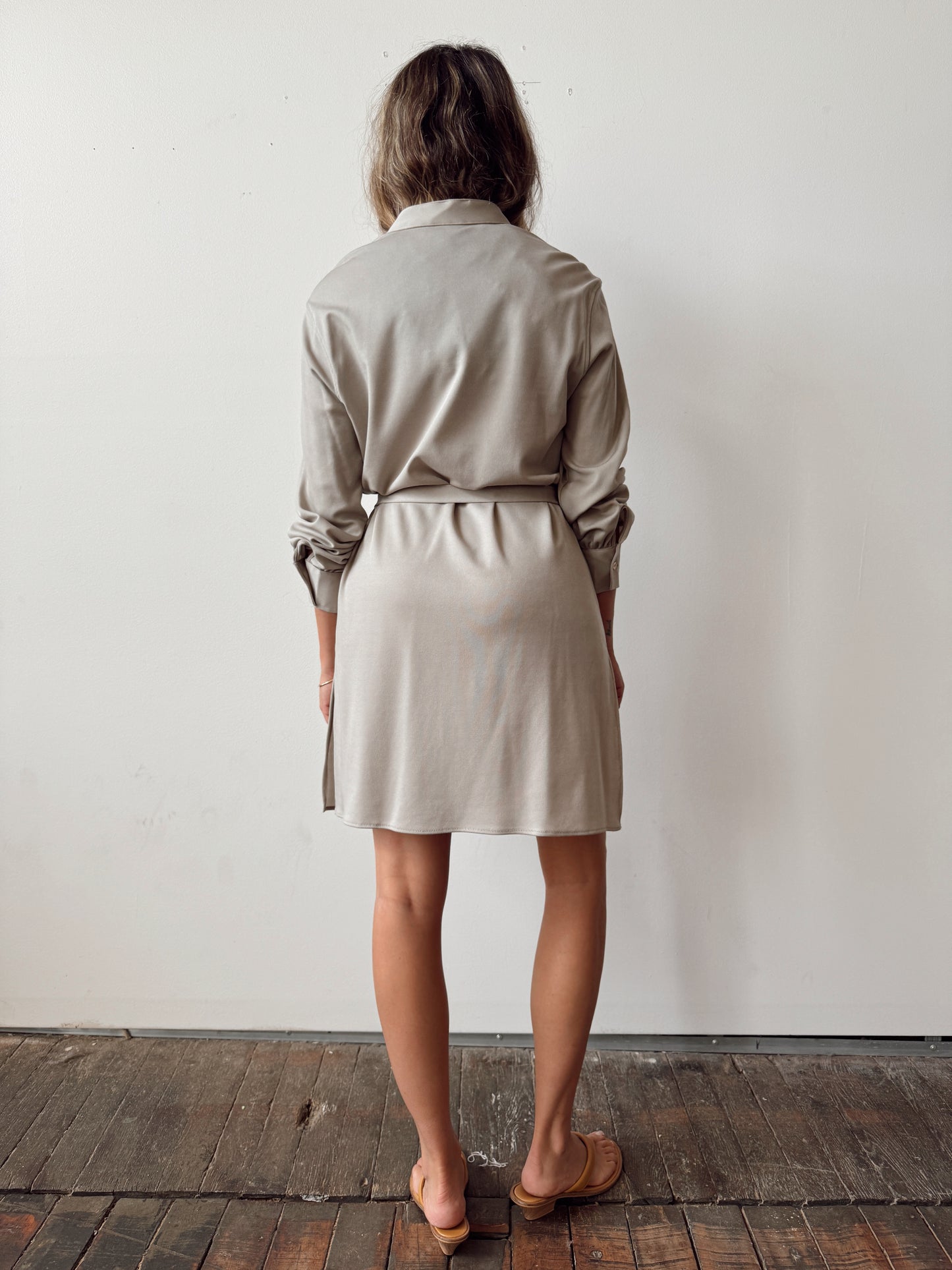 Taupe 70s Polyester Tunic Mini Shirt Dress (S)