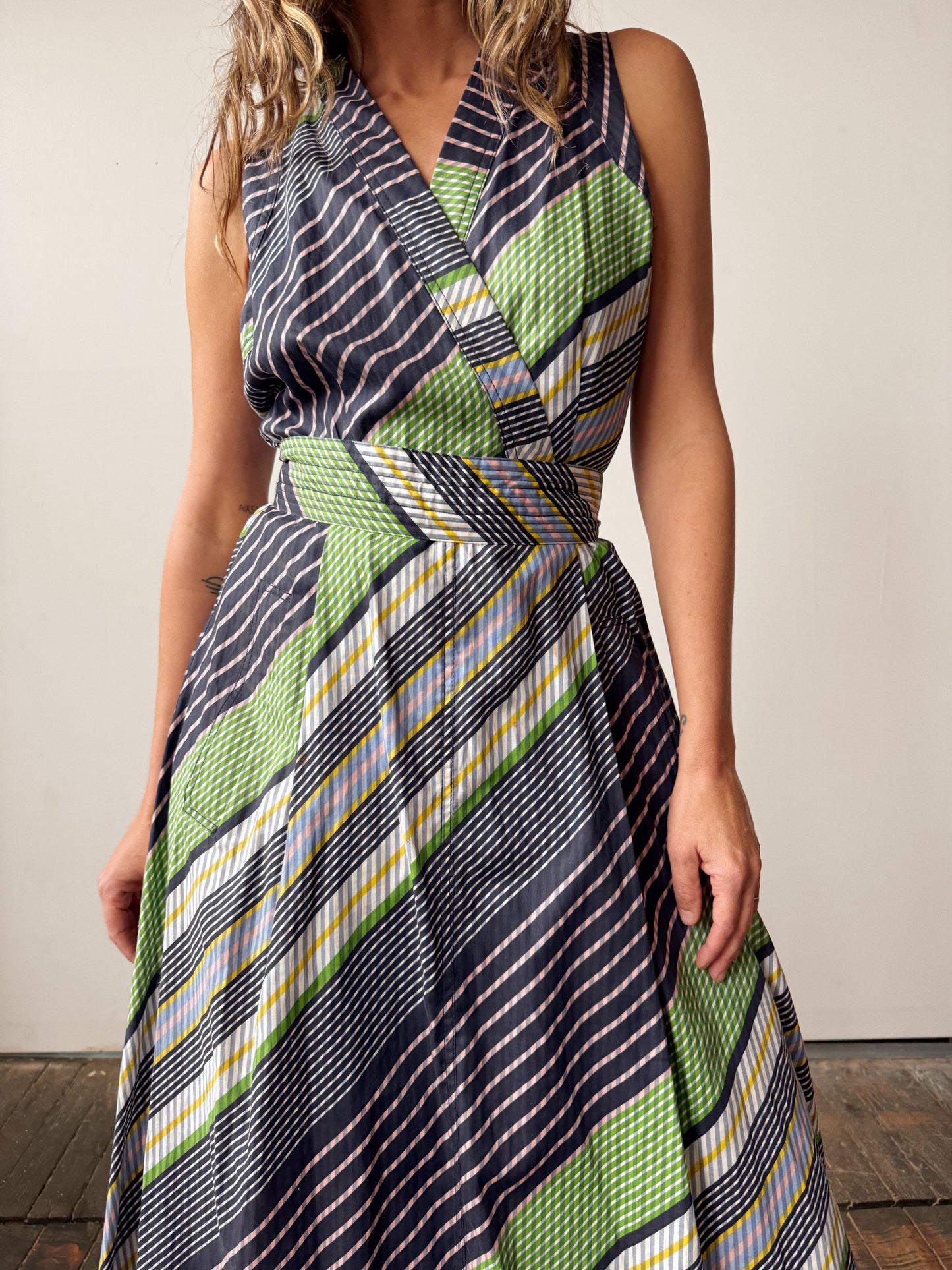Overprinted Striped Wrap Dress (S)