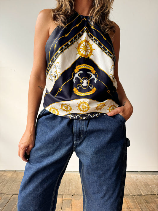 Nautical Silk Scarf 90s Halter Top (M)