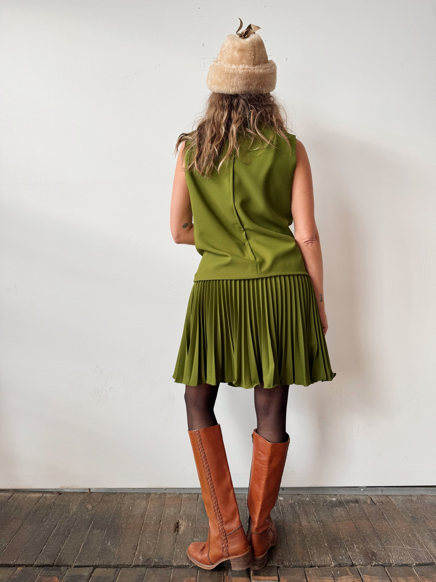 60s Pava Design Drop-waist Pleated Skirt Dress (M)