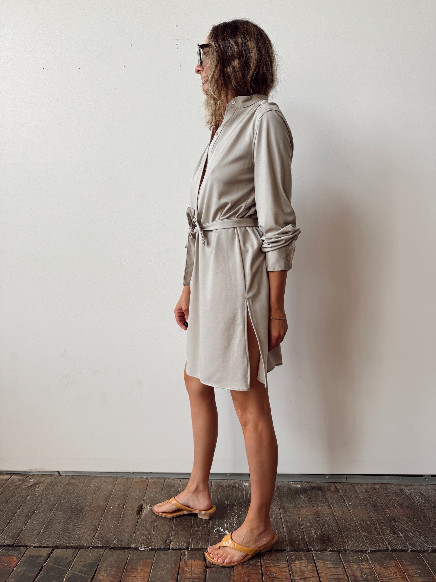 Taupe 70s Polyester Tunic Mini Shirt Dress (S)