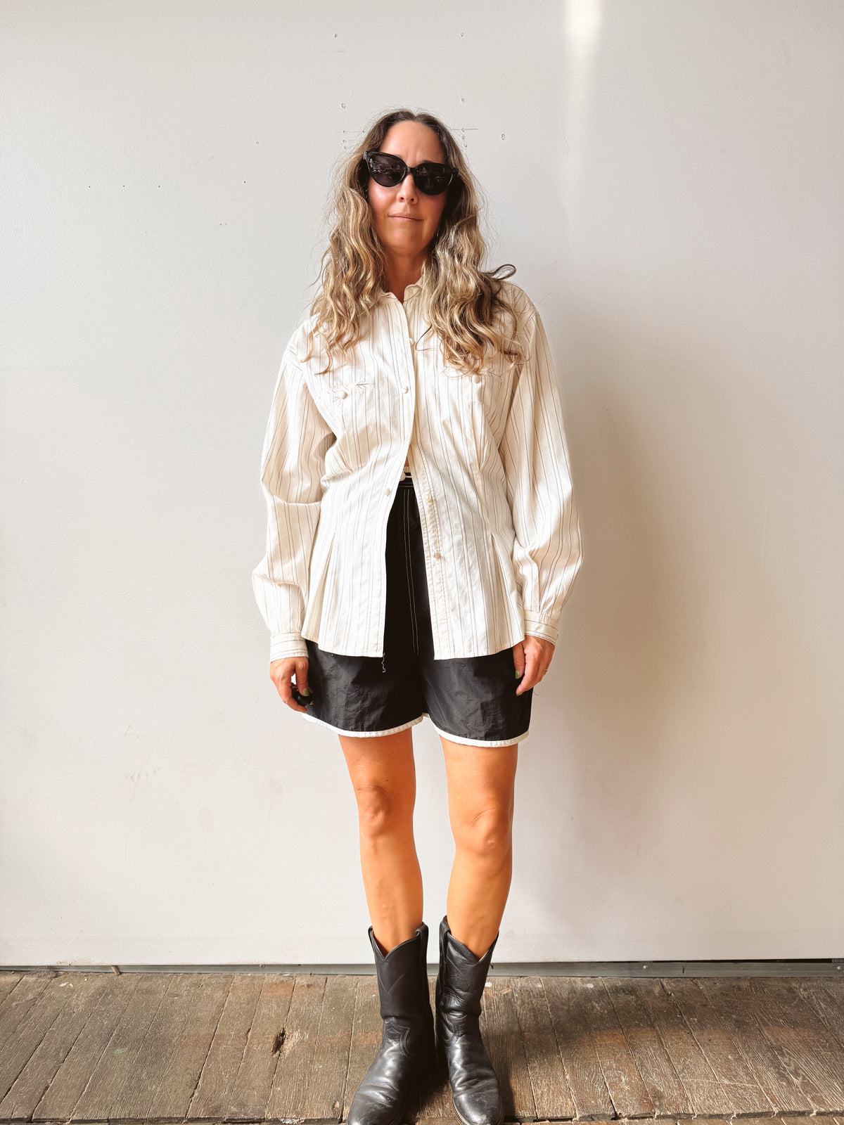 Pinstriped 90s Collared Woven Shirt (S)