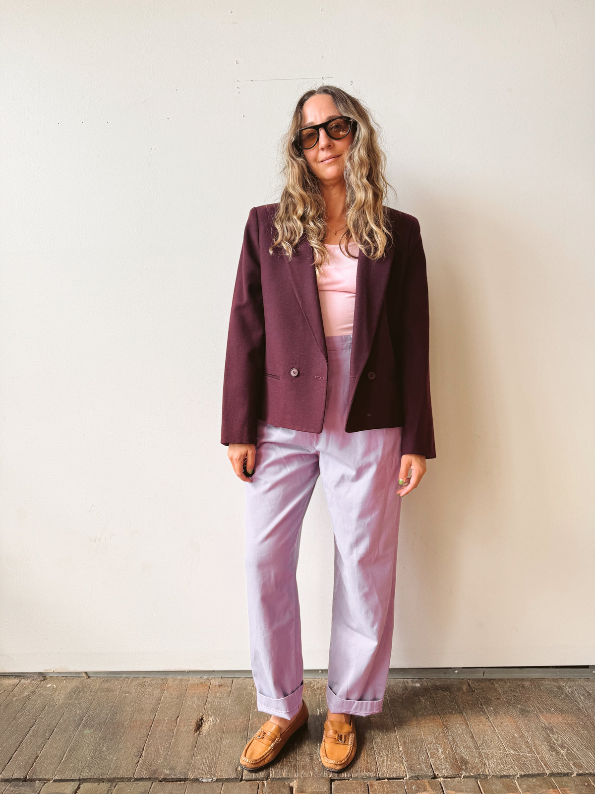 Wool Eggplant One-Button 90s Cropped Blazer (M)