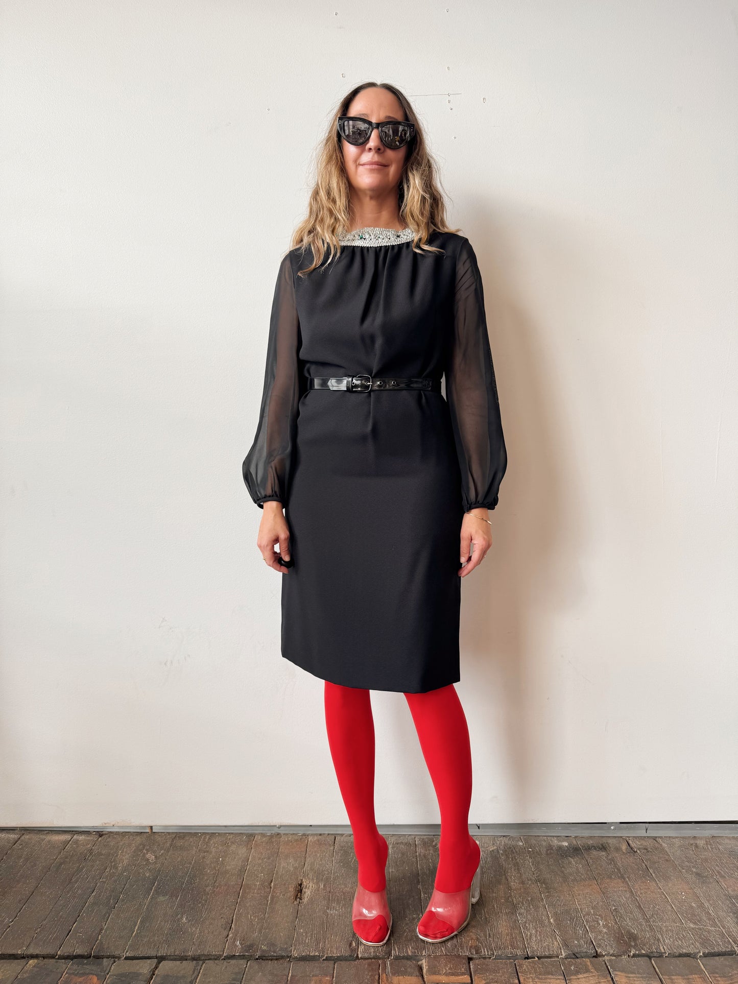 50s Sheer Sleeve and Embellished Collar Cocktail Dress (M)