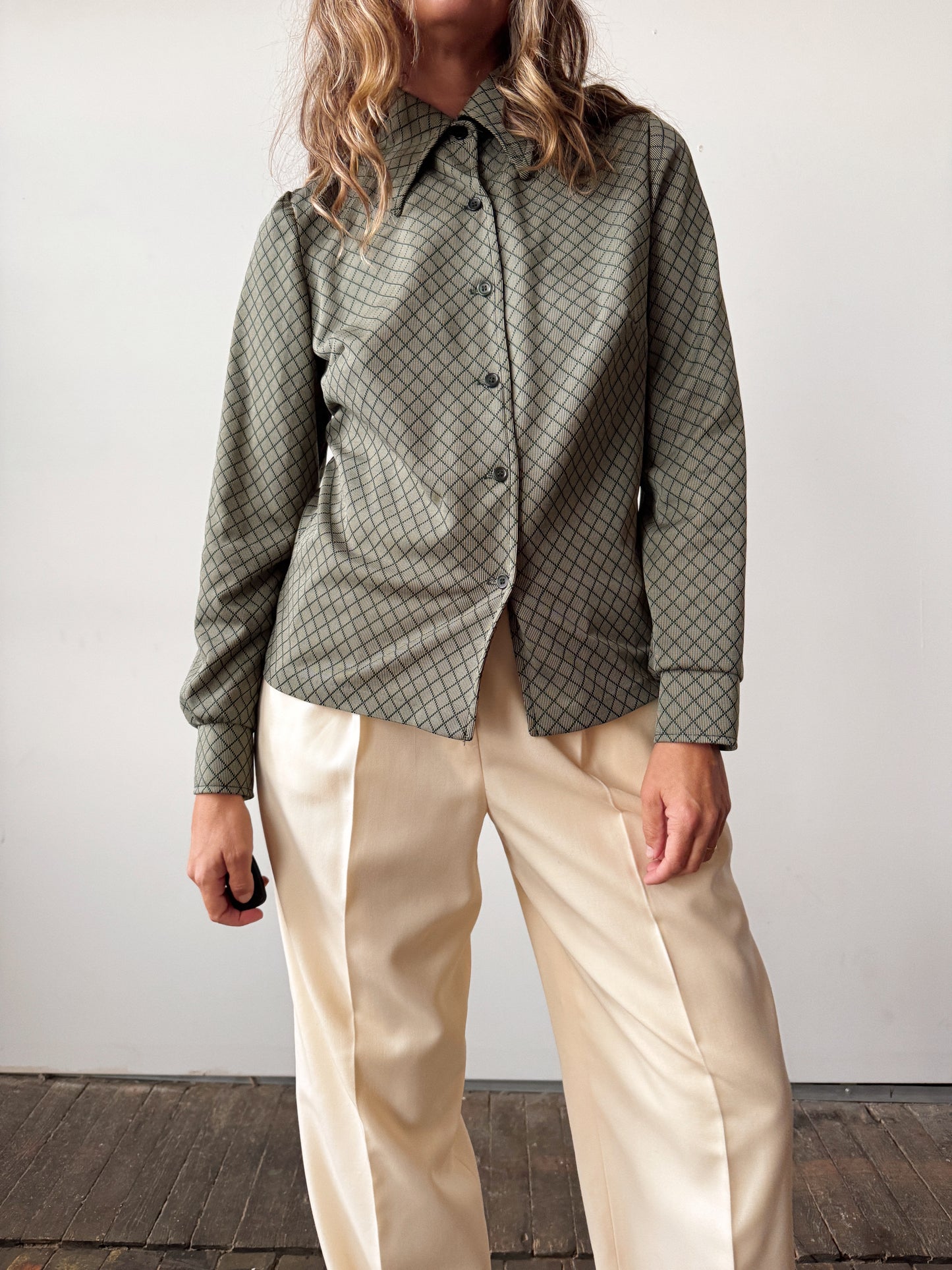 70s Green Herringbone Blouse (XS)