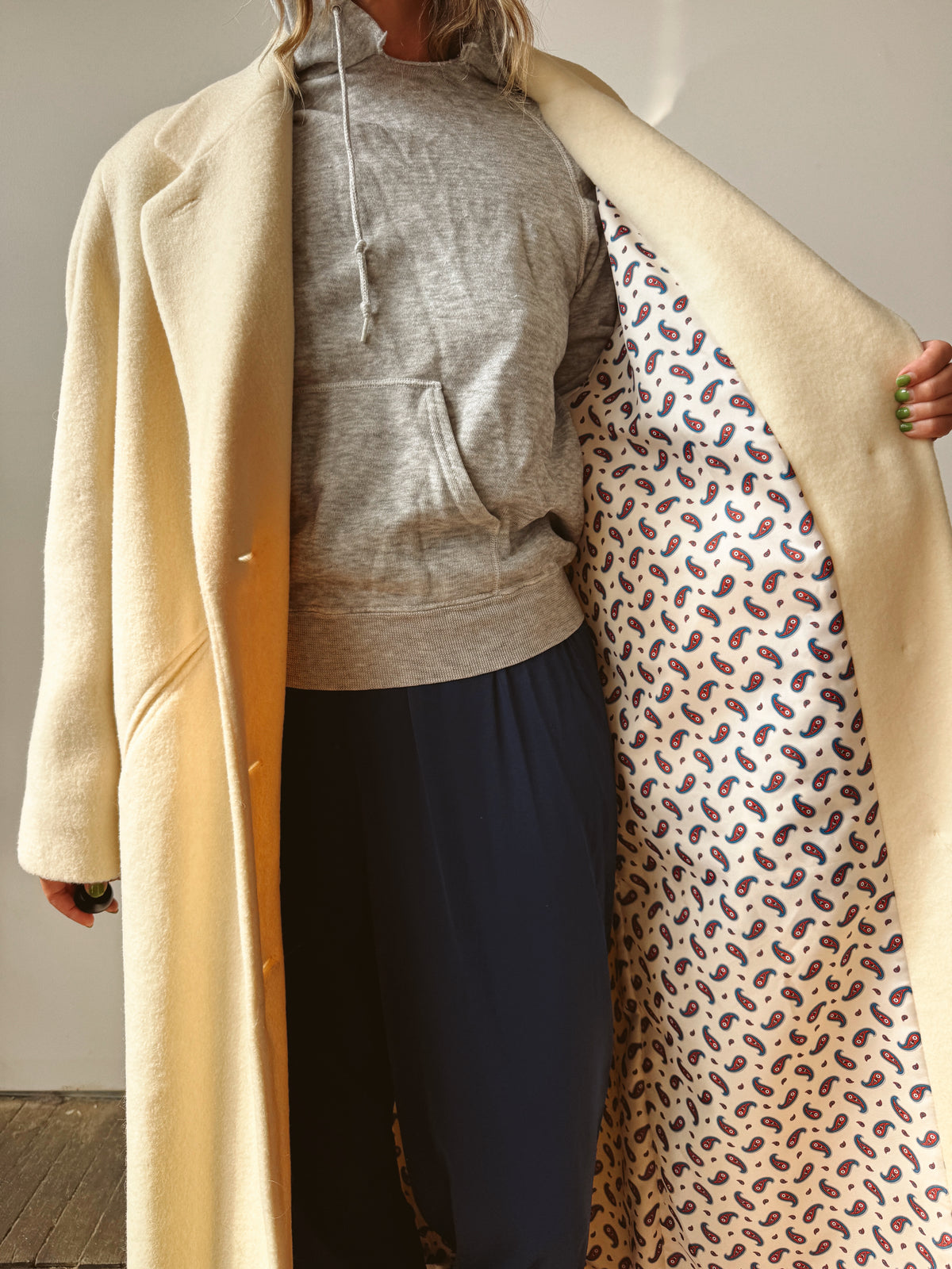 Wool 80s Ivory Longline Overcoat (L)