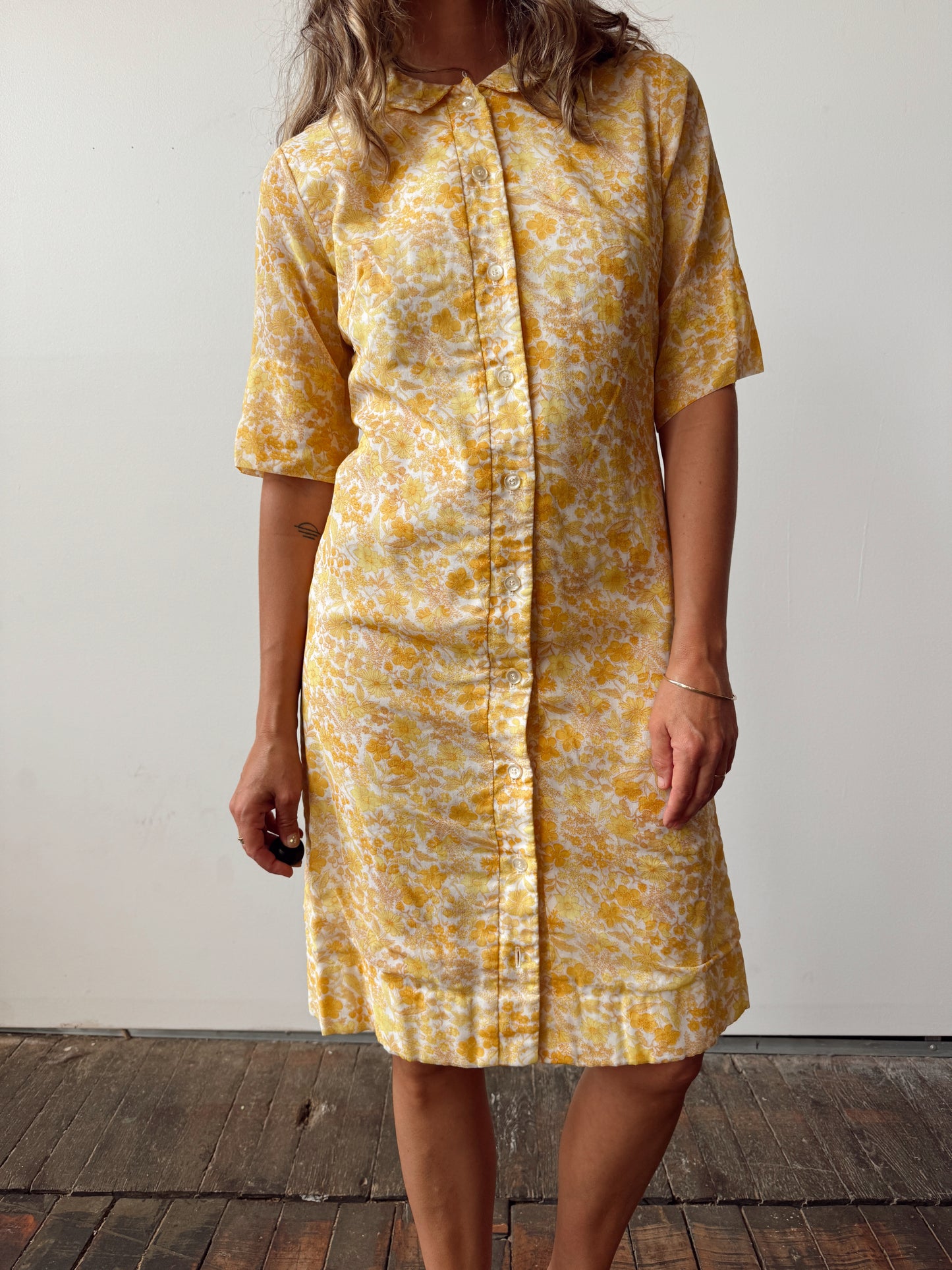Country Miss 70s Yellow Floral Shirt Dress (M)