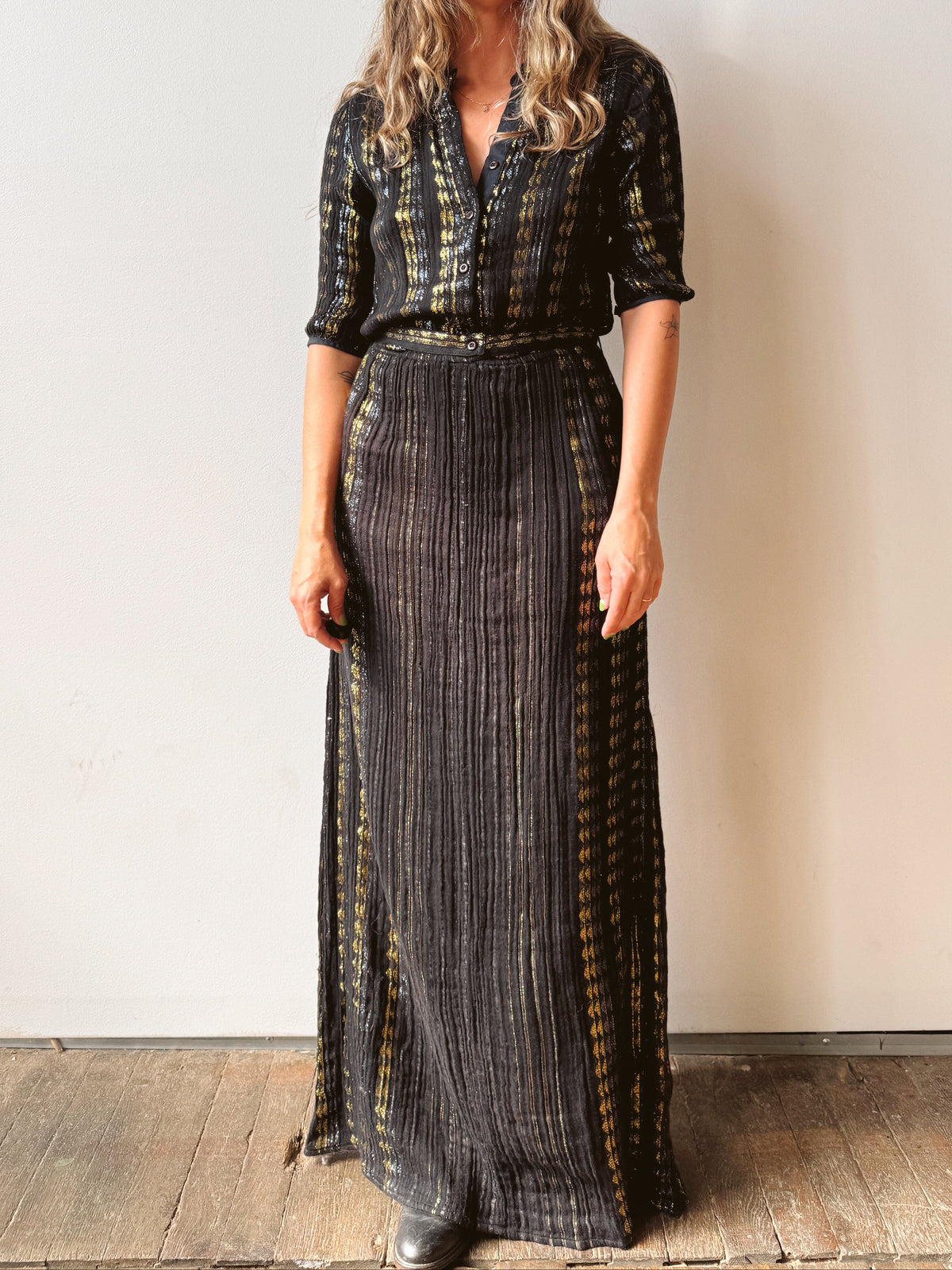 Black Gauze and Gold Contemporary Maxi Dress (S)