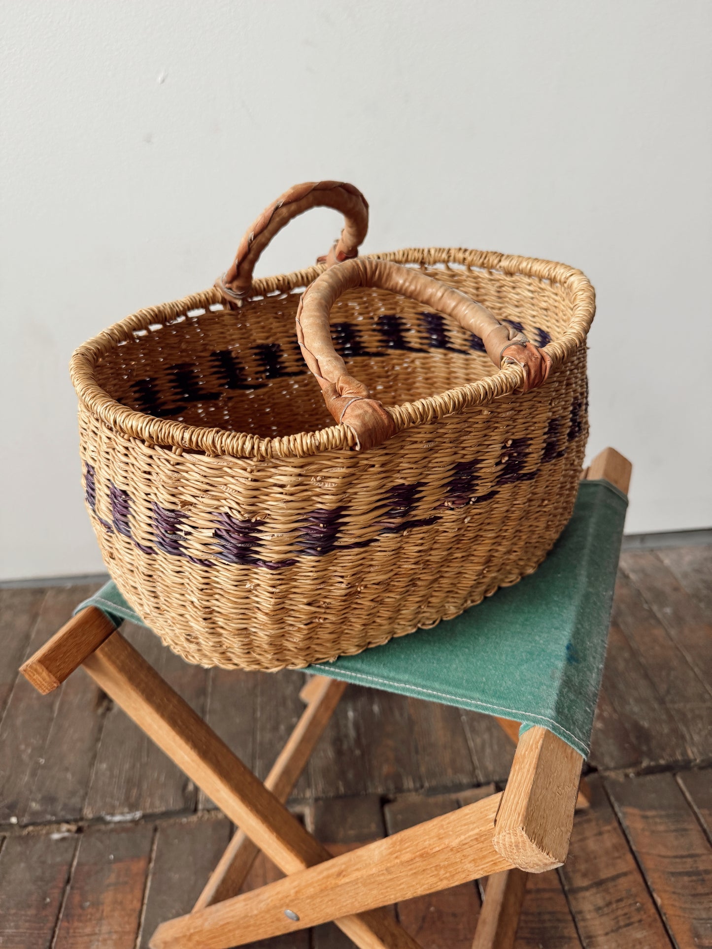 African Bolga Market Basket with Leather-wrapped Handles