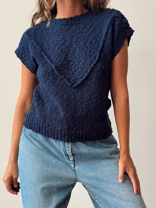 V Navy Blue Boucle Knit Sweater Shirt (S)