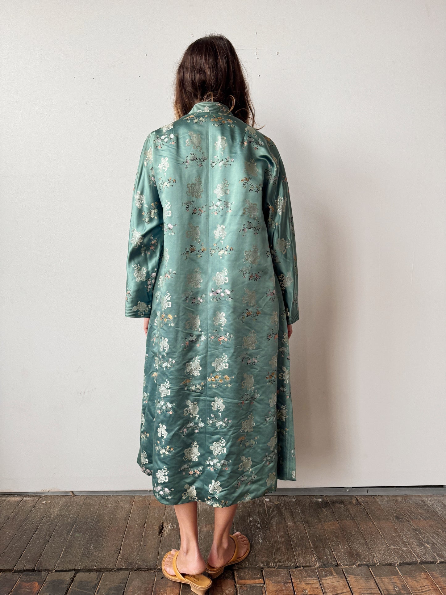 Dynasty 60s Sateen Jade Kimono with Wide Sleeves (M)