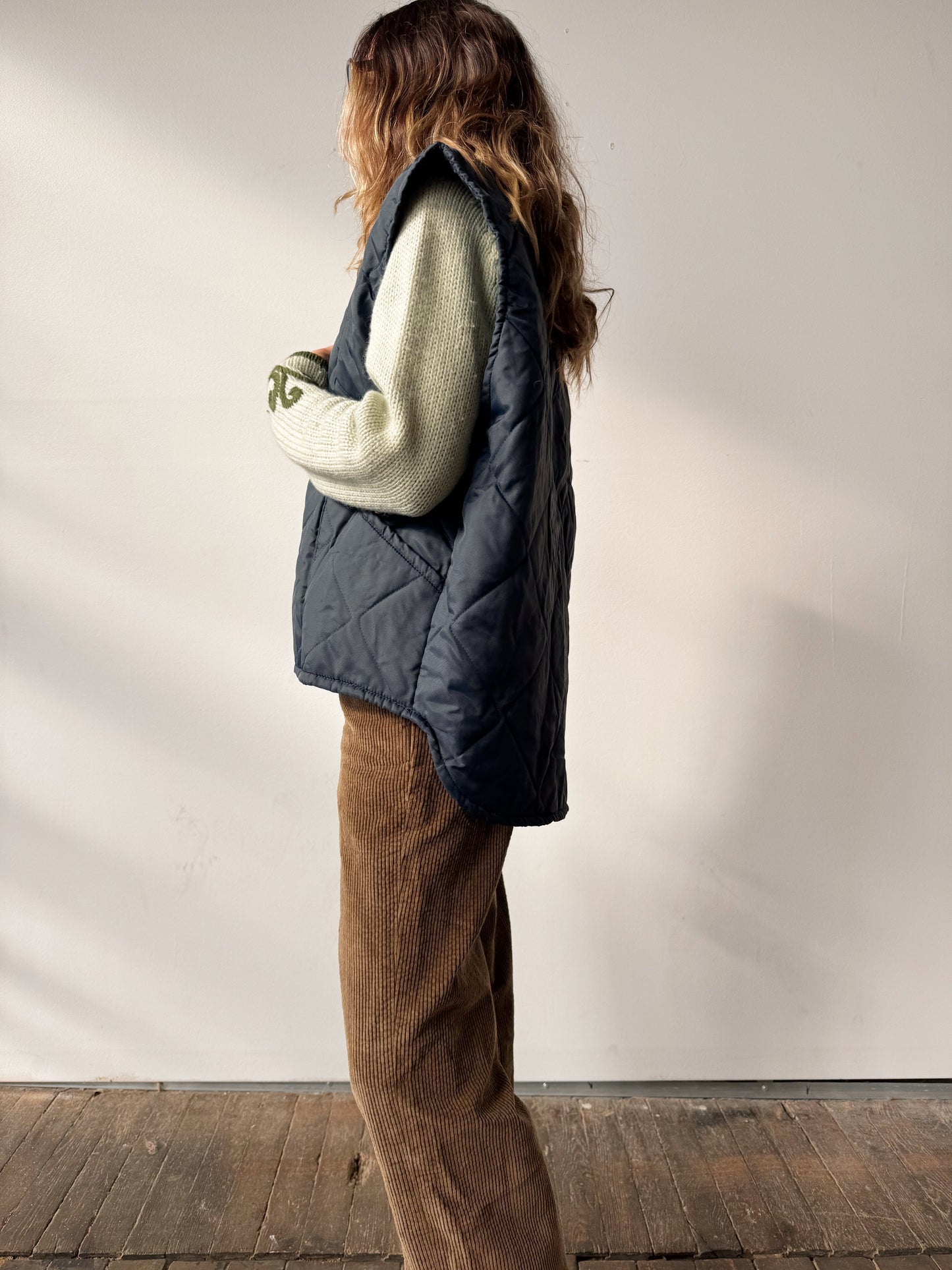 Vintage Quilted Navy Zip Sportswear Vest (M)