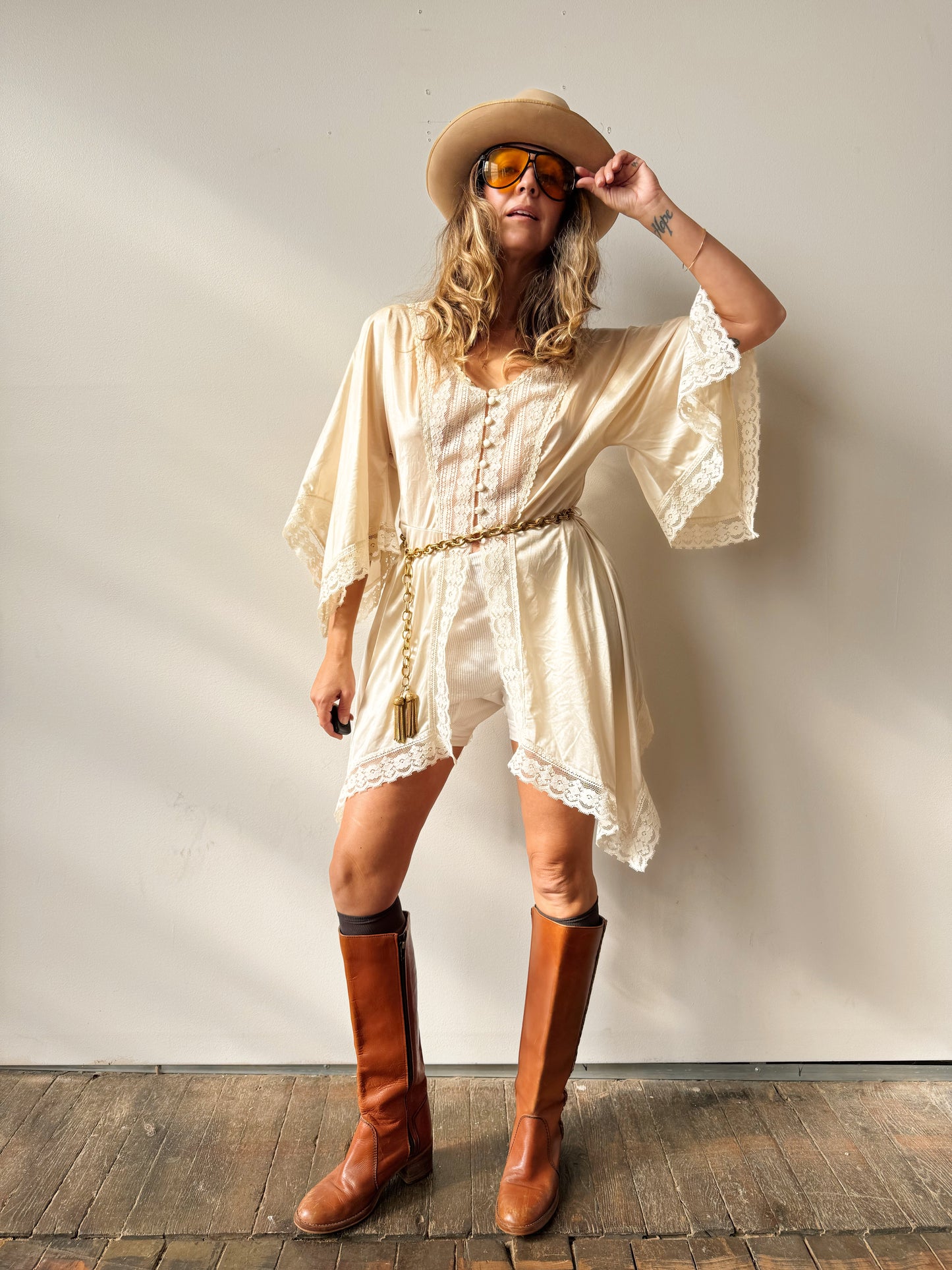 Boho 70s Nylon and Lace Tunic Blouse (M)