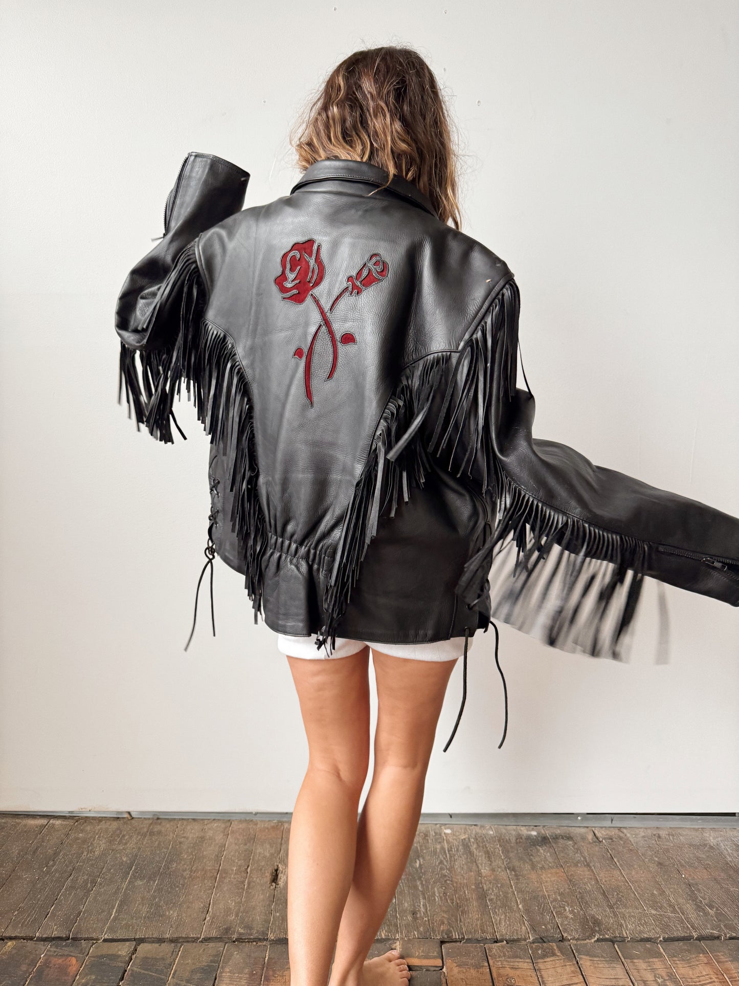 Leather Fringe Motocycle Jacket with Rose Cut-out Details (XL)