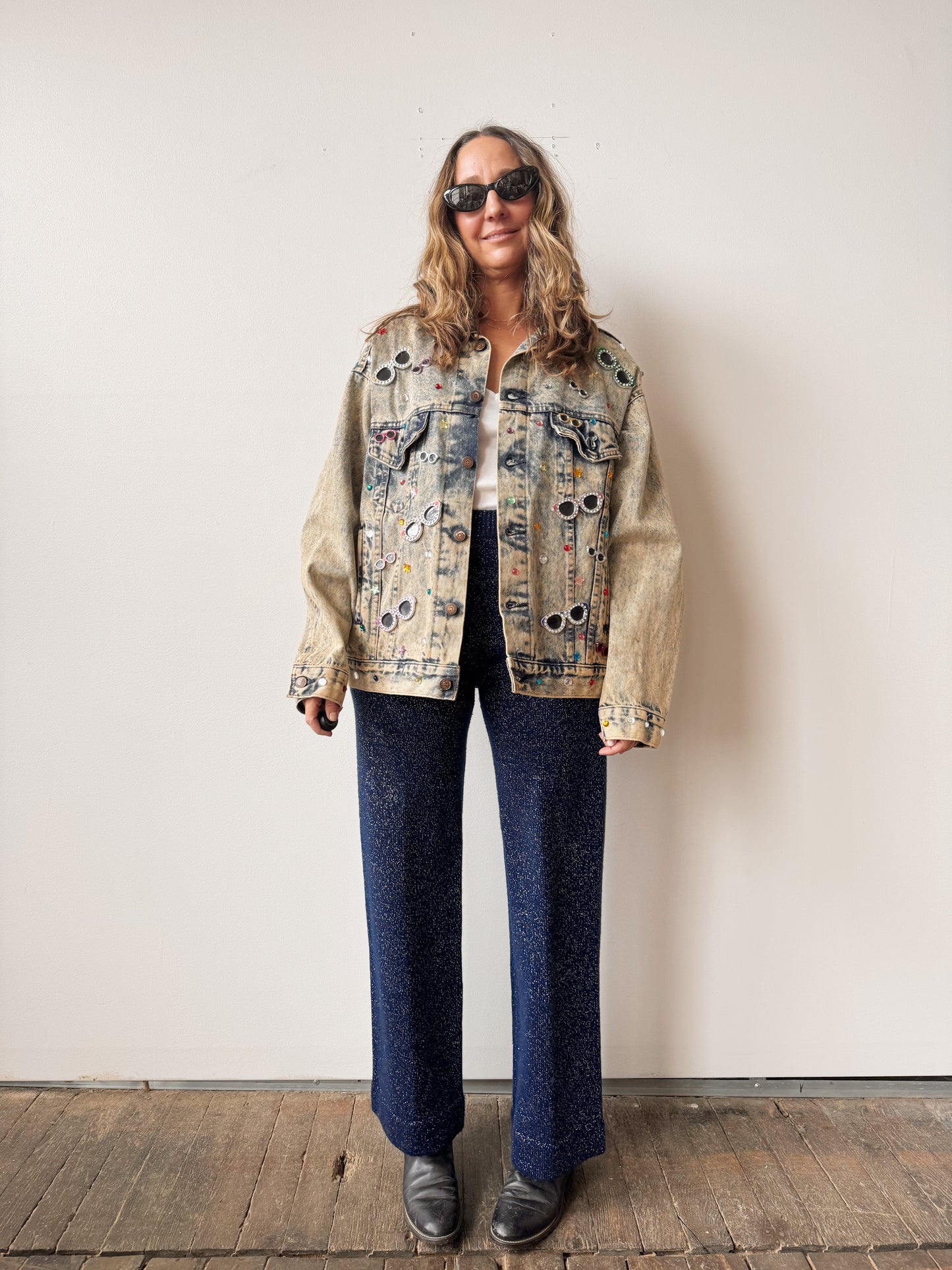 80s Celeste Stein All-Over Sunglass Pins Denim Jacket (M)