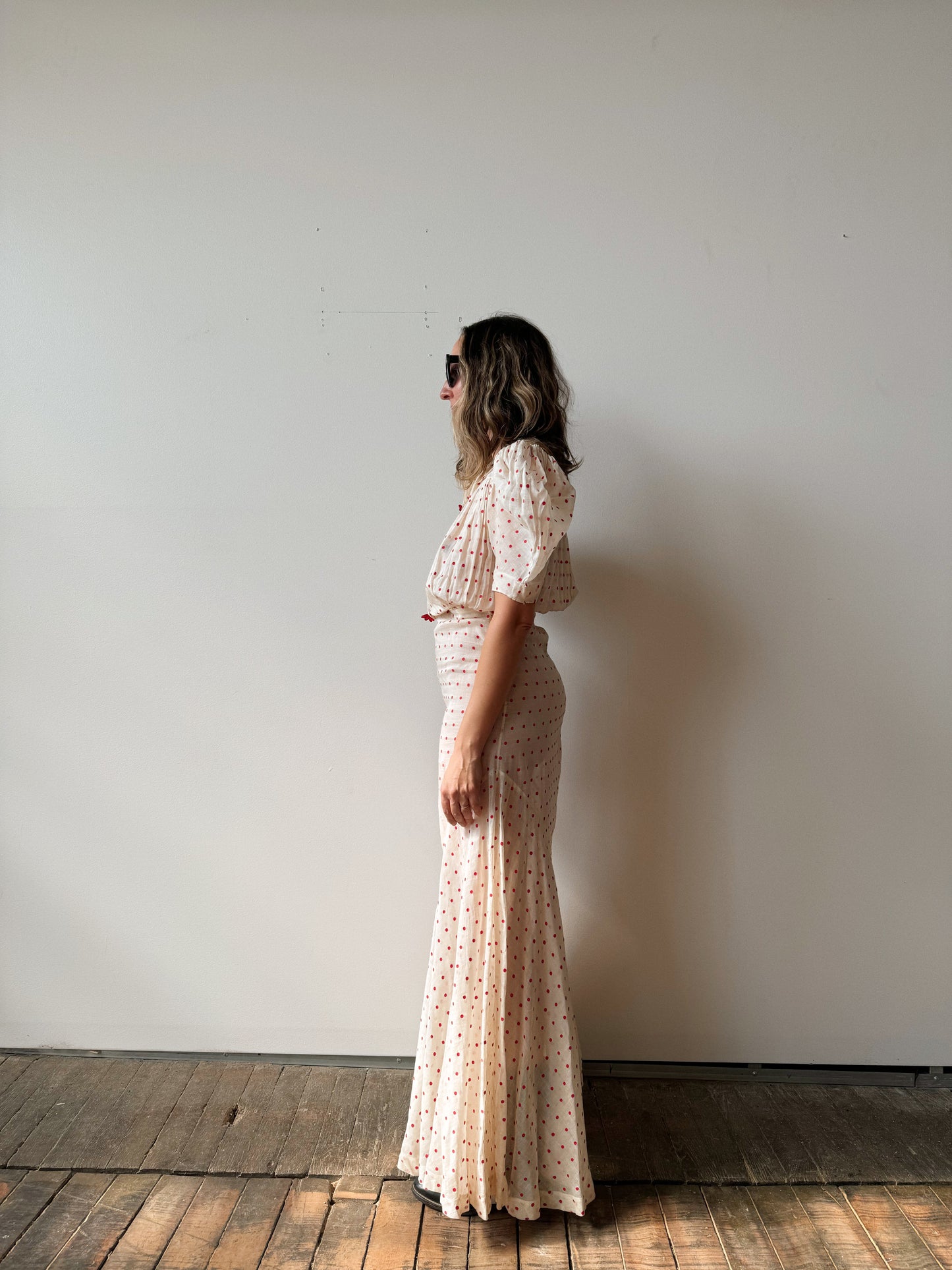 Early 1900s Cotton Voile Polka Dot Dress (S)