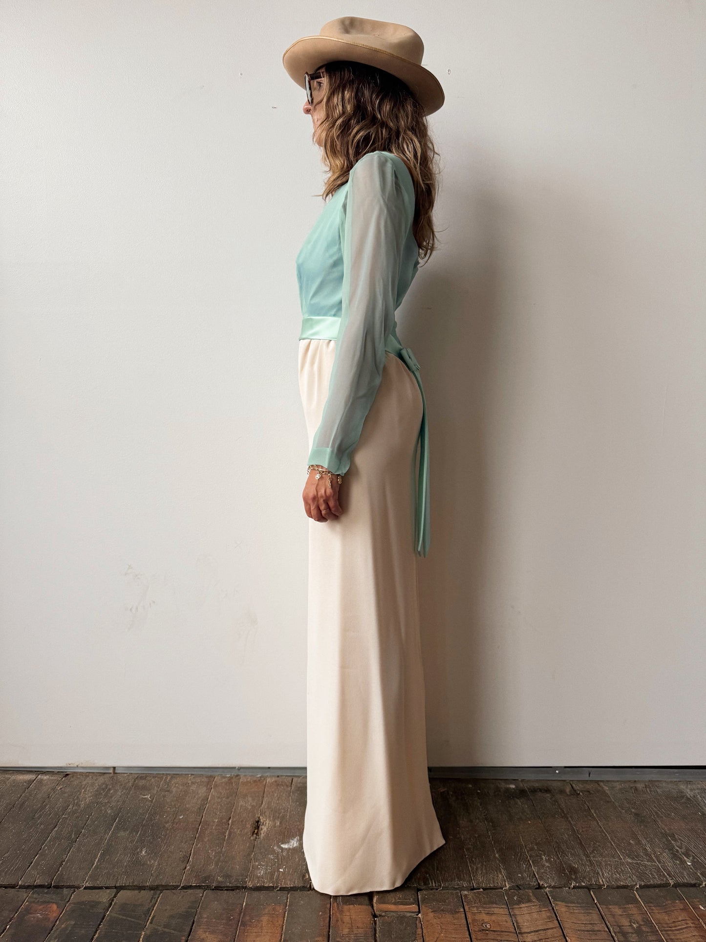 Chiffon 60s Seafoam and Cream Formal Dress (M)