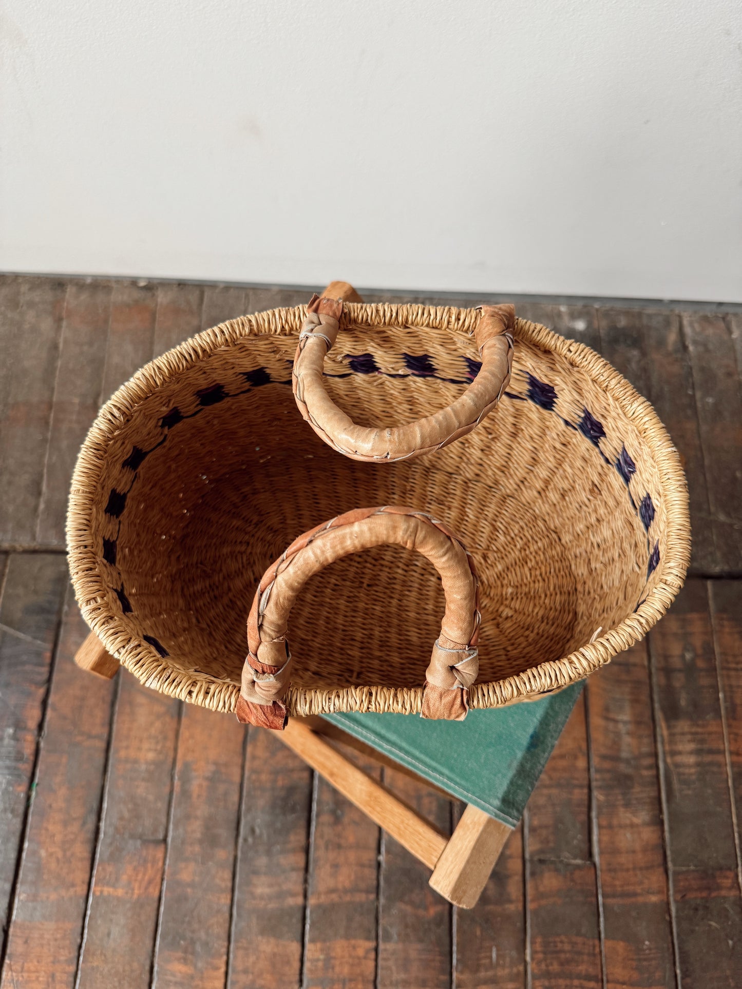 African Bolga Market Basket with Leather-wrapped Handles