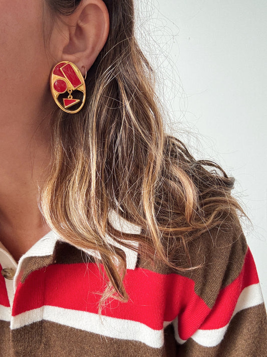 Red and Gold Tone Geometric Earrings
