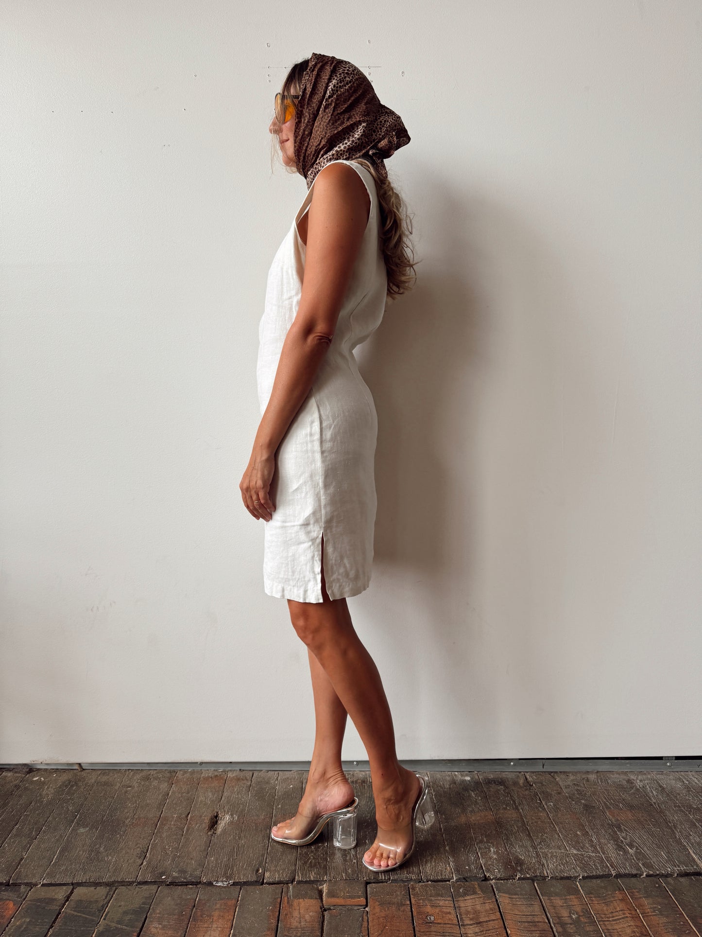 Vintage Linen Square Neck 90s Dress (M)