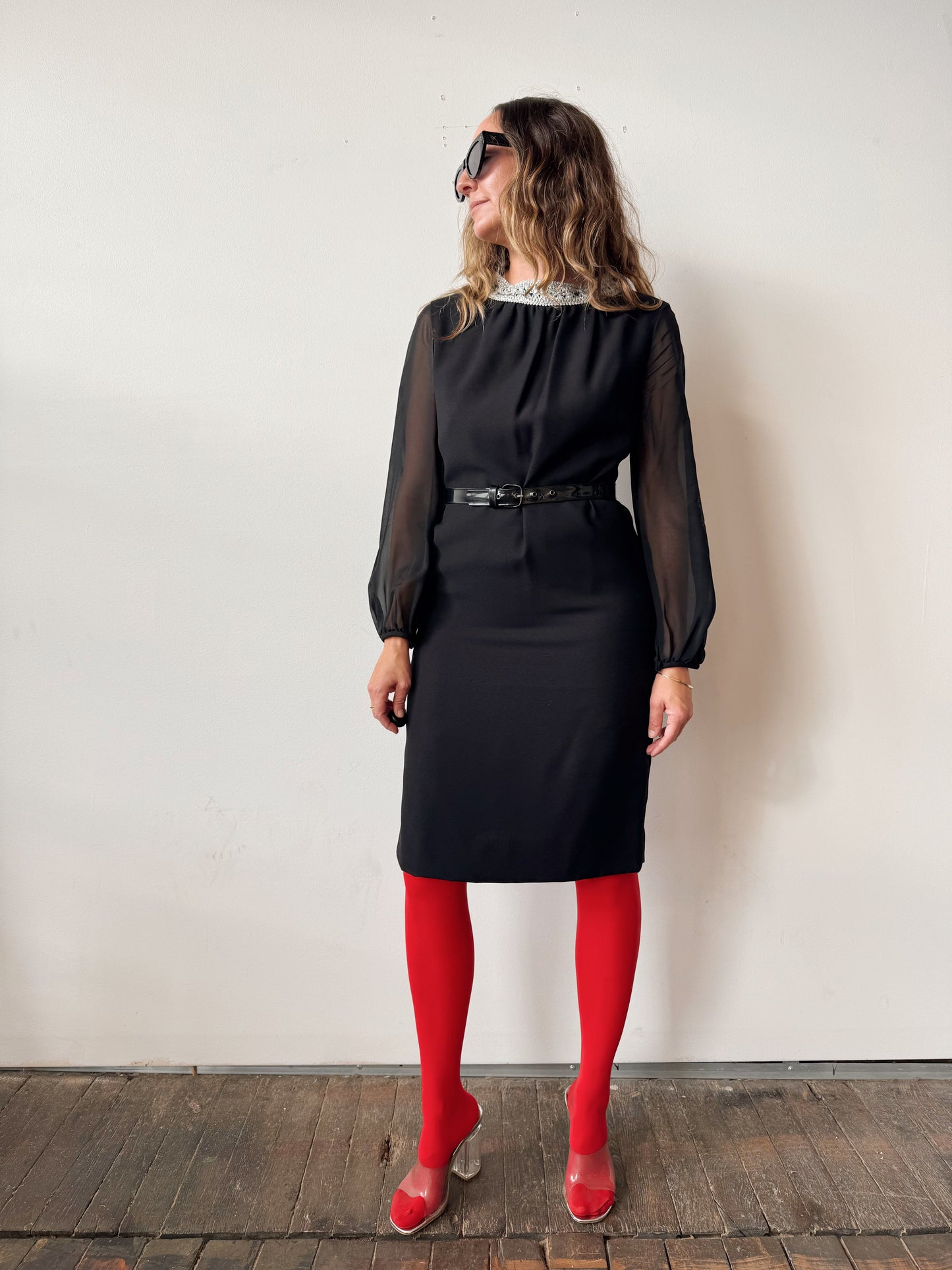 50s Sheer Sleeve and Embellished Collar Cocktail Dress (M)