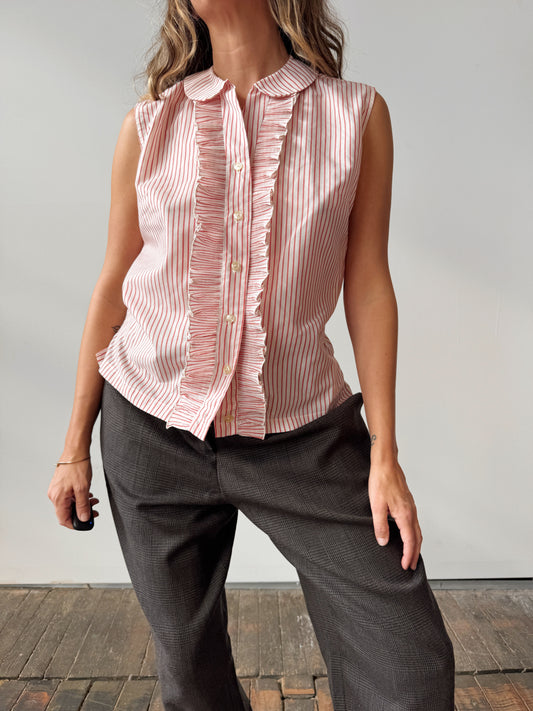 Striped Ruffle Sleeveless 70s Blouse (M)