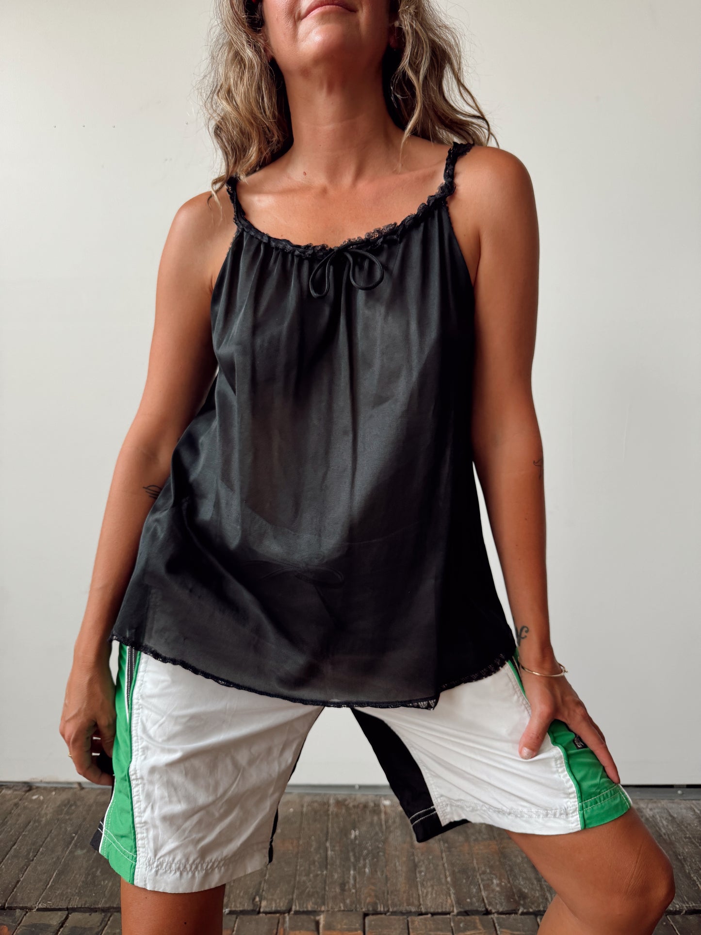 Nylon Vintage 70s Black Camisole with Tie (S)