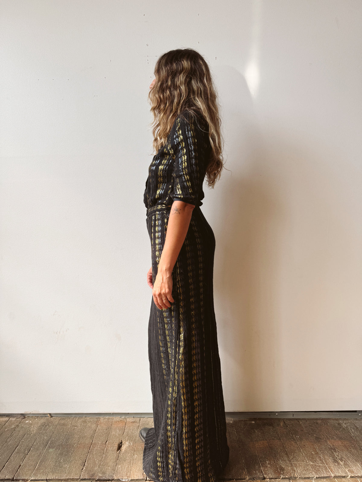Black Gauze and Gold Contemporary Maxi Dress (S)