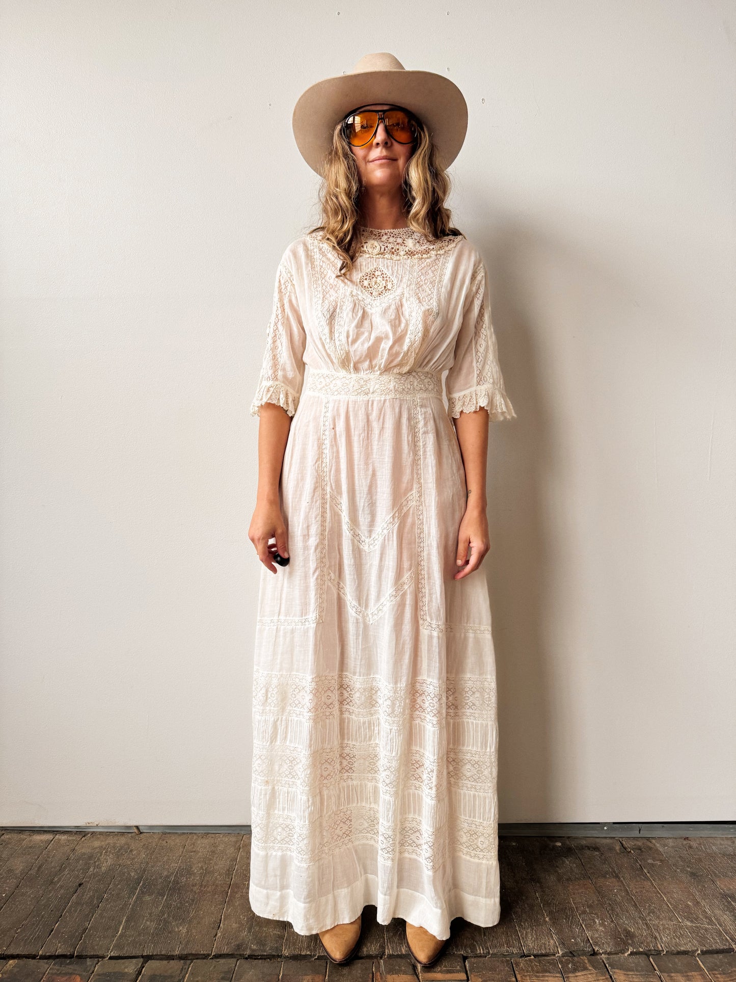 Antique Edwardian 1900s White Cotton Lace Dress (M)