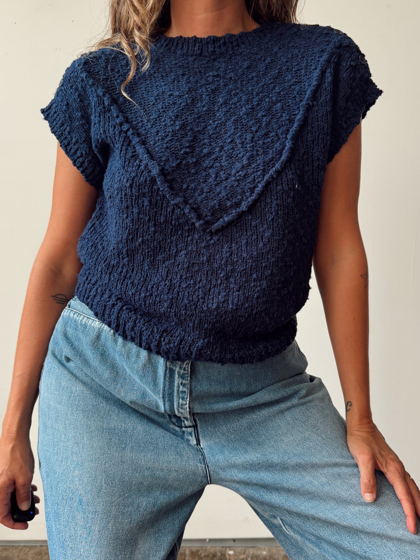 V Navy Blue Boucle Knit Sweater Shirt (S)