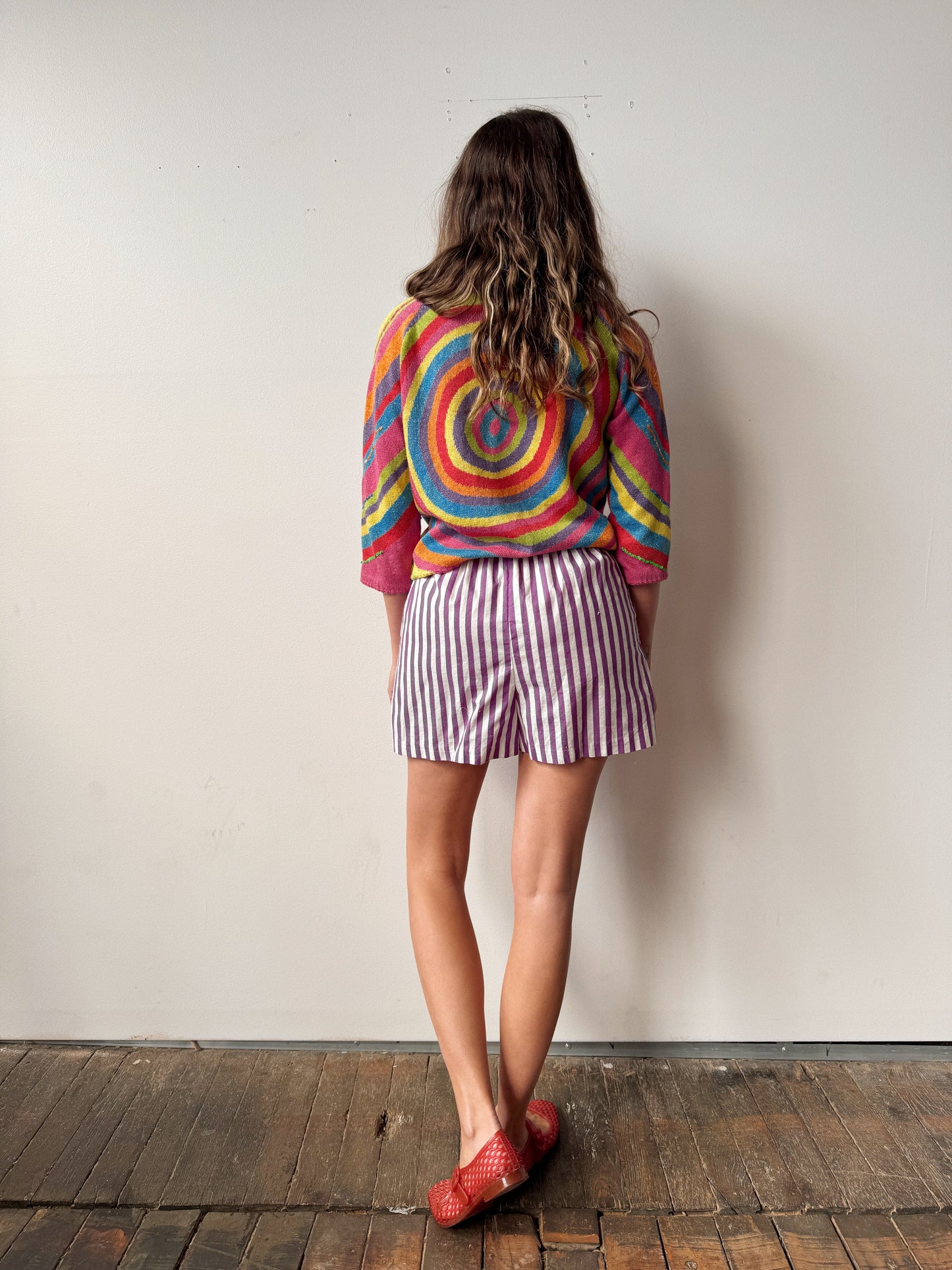 80s Colorful Knit Swirl Cardigan (S)
