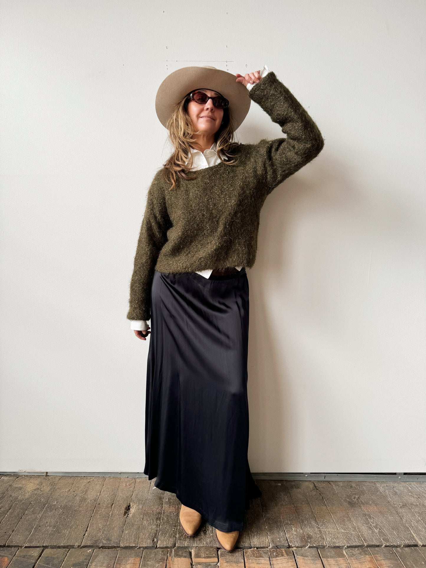 Metallic Mohair Cropped Khaki Sweater (S)