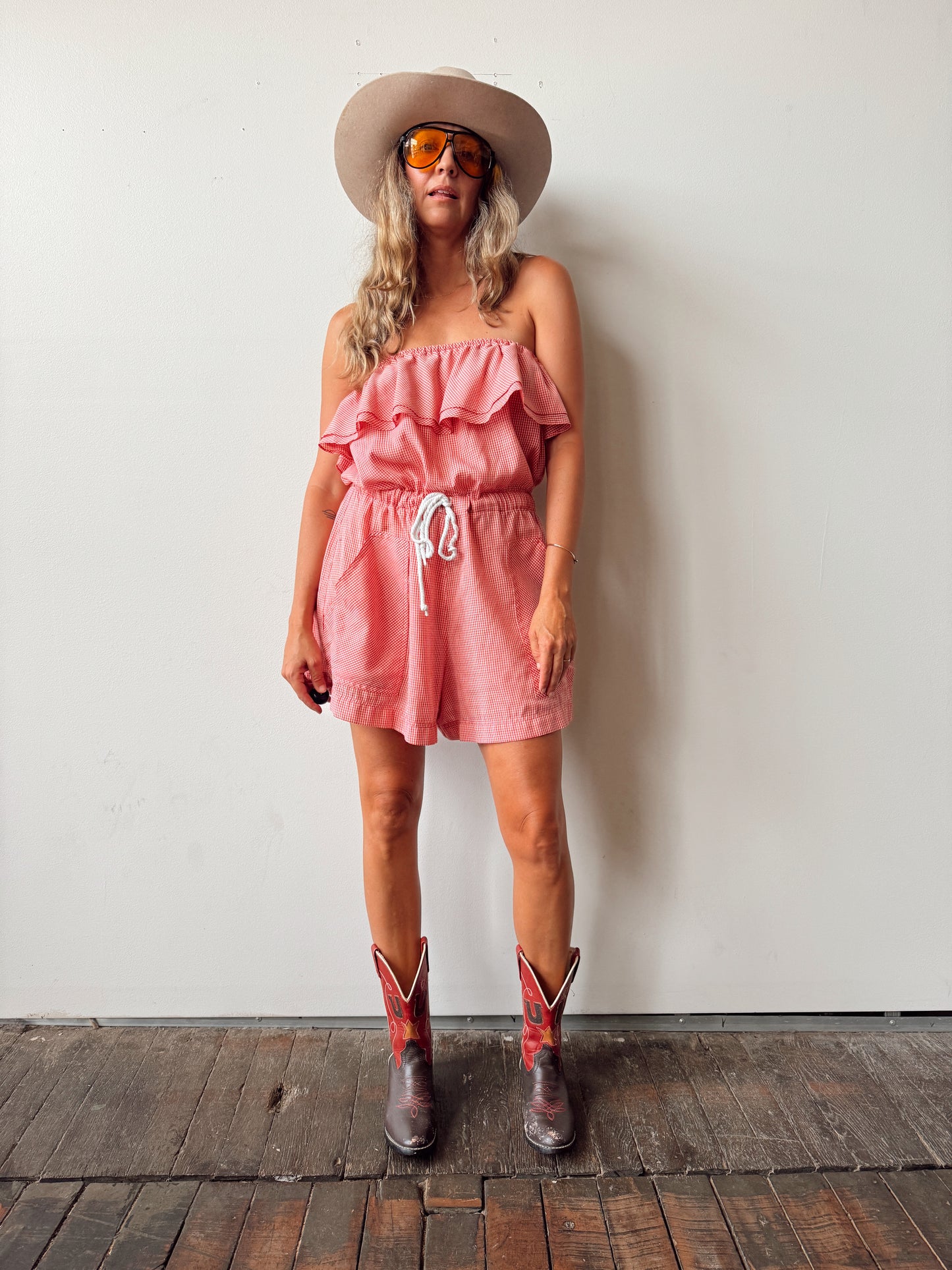 Gingham and Rope Vintage Cotton Ruffle Romper (L)