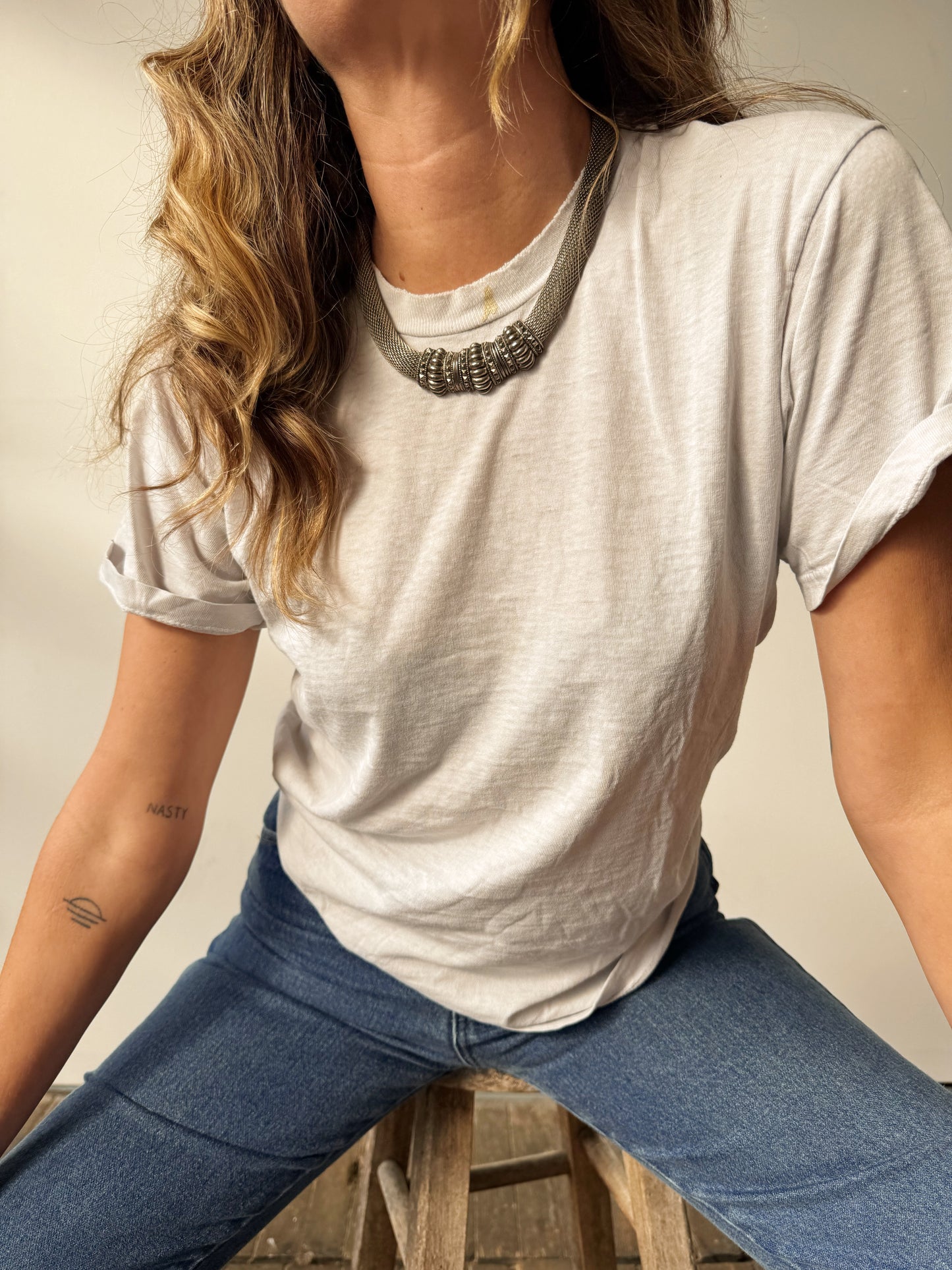 Silver Tone 90s Mesh and Beads Necklace