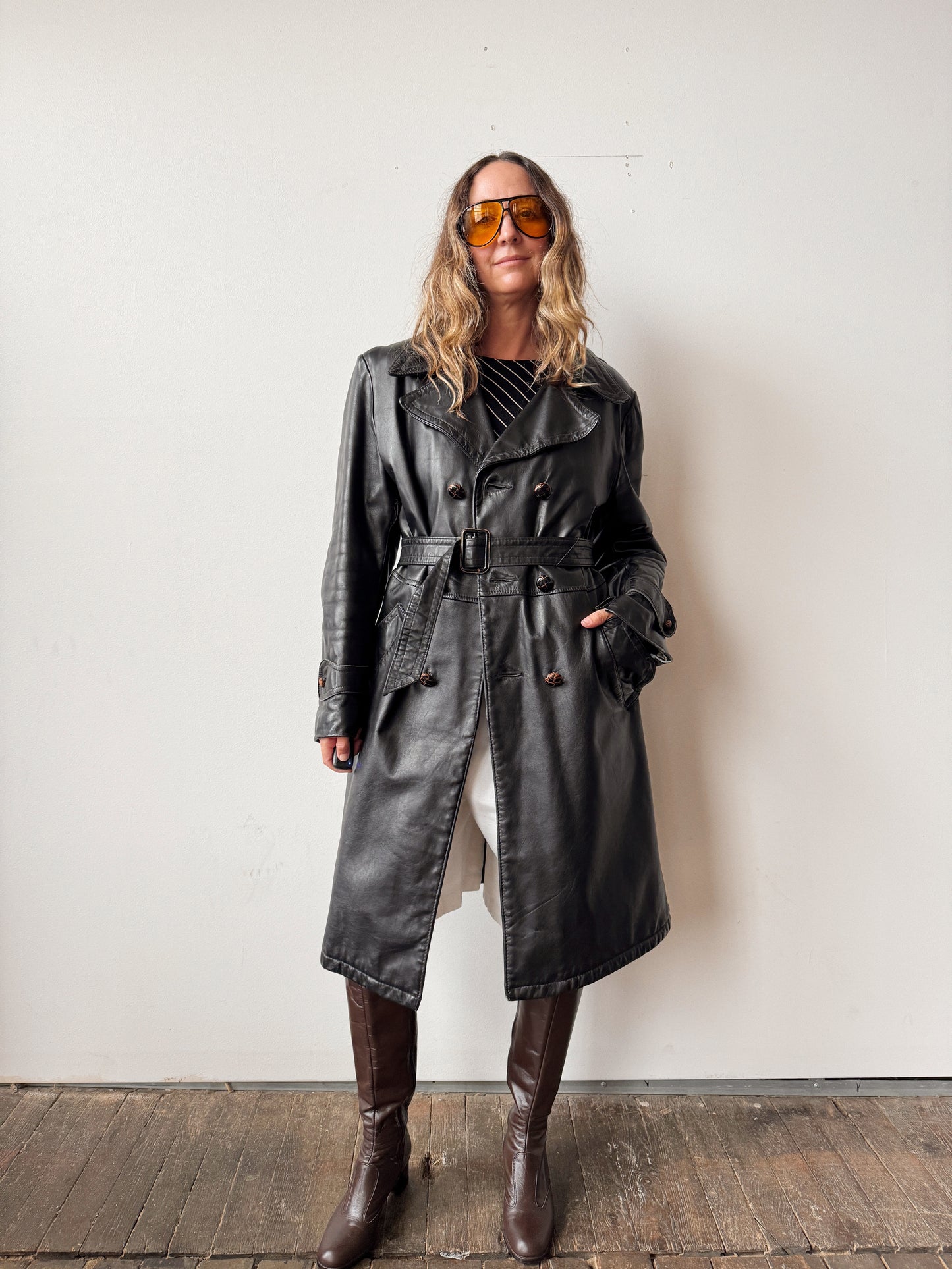 60s Oversized Leather Trench Coat with Flannel Lining (XL)