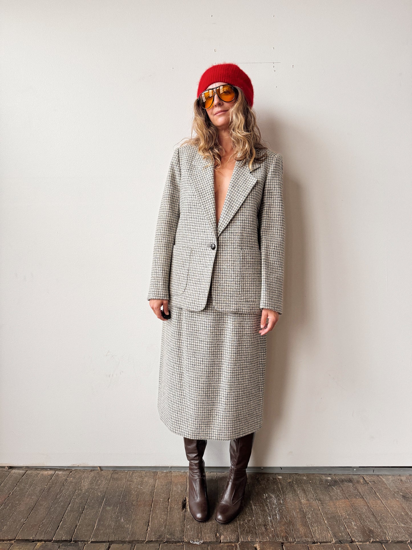 Houndstooth Wool 70s Skirt Suit Set (M)