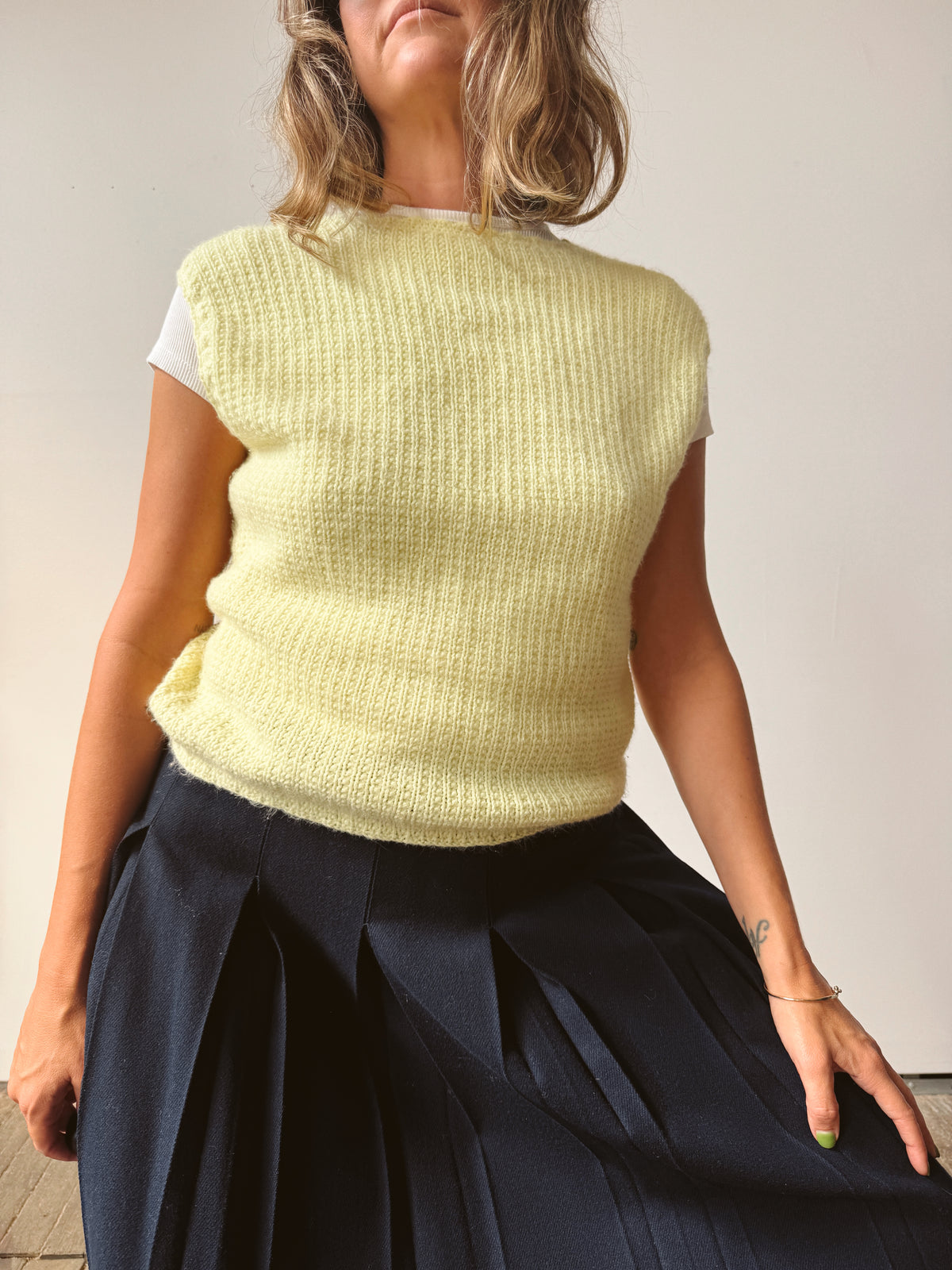 Hand-knitted Soft Yellow 80s Vest (S)