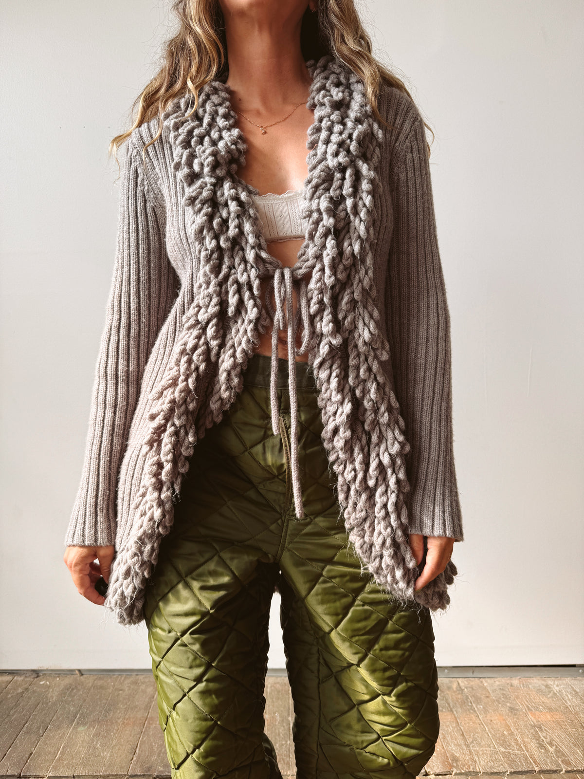 Fringe Y2K Ribbed Knit Cardigan Tie Sweater (L)