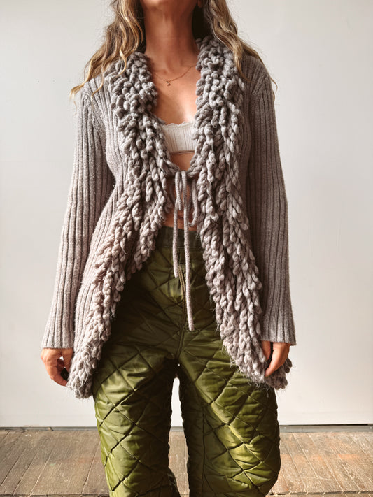 Fringe Y2K Ribbed Knit Cardigan Tie Sweater (L)