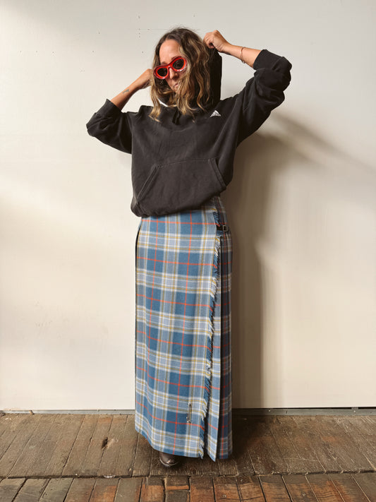 Wool Plaid Wrap Pleat Skirt with Leather Straps