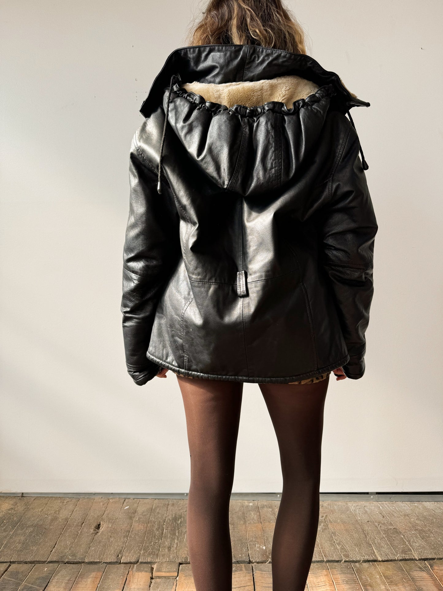 Hooded 90s Leather Jacket with Shearling Lining (S)