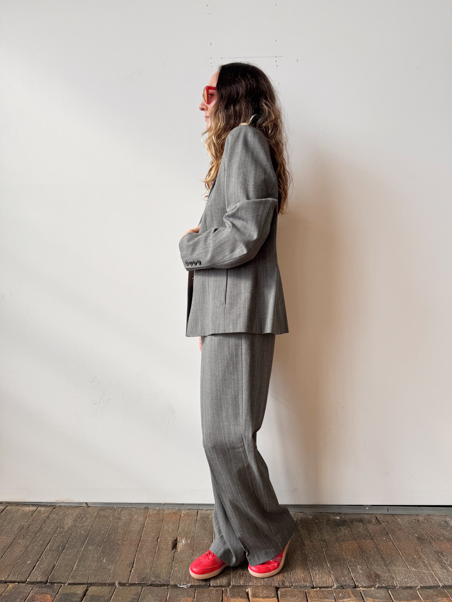 Grey Striped 90s Trouser Pant Suit (L)