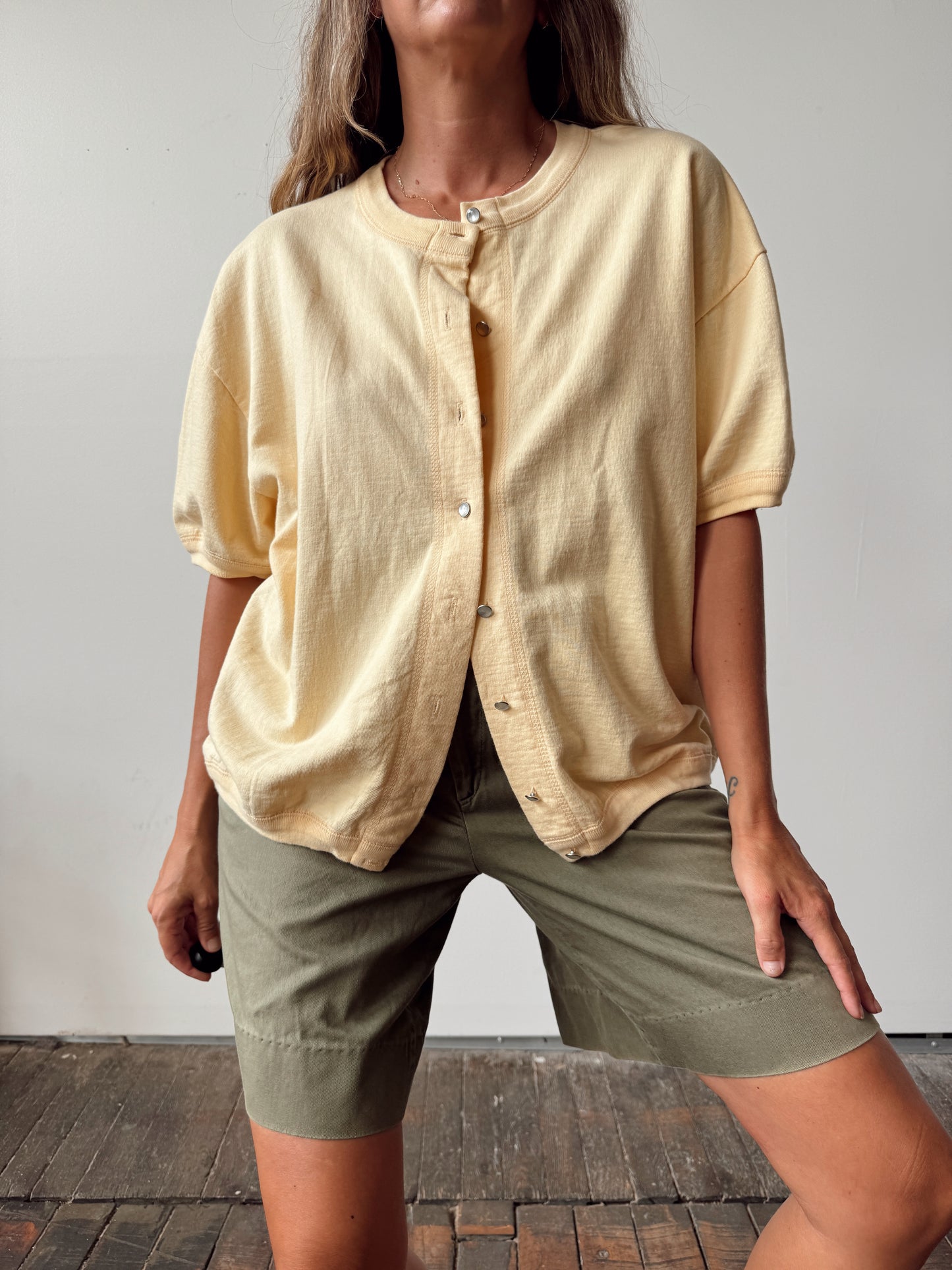 Soft Yellow Knit Pearl Button Cotton Blouse (L)